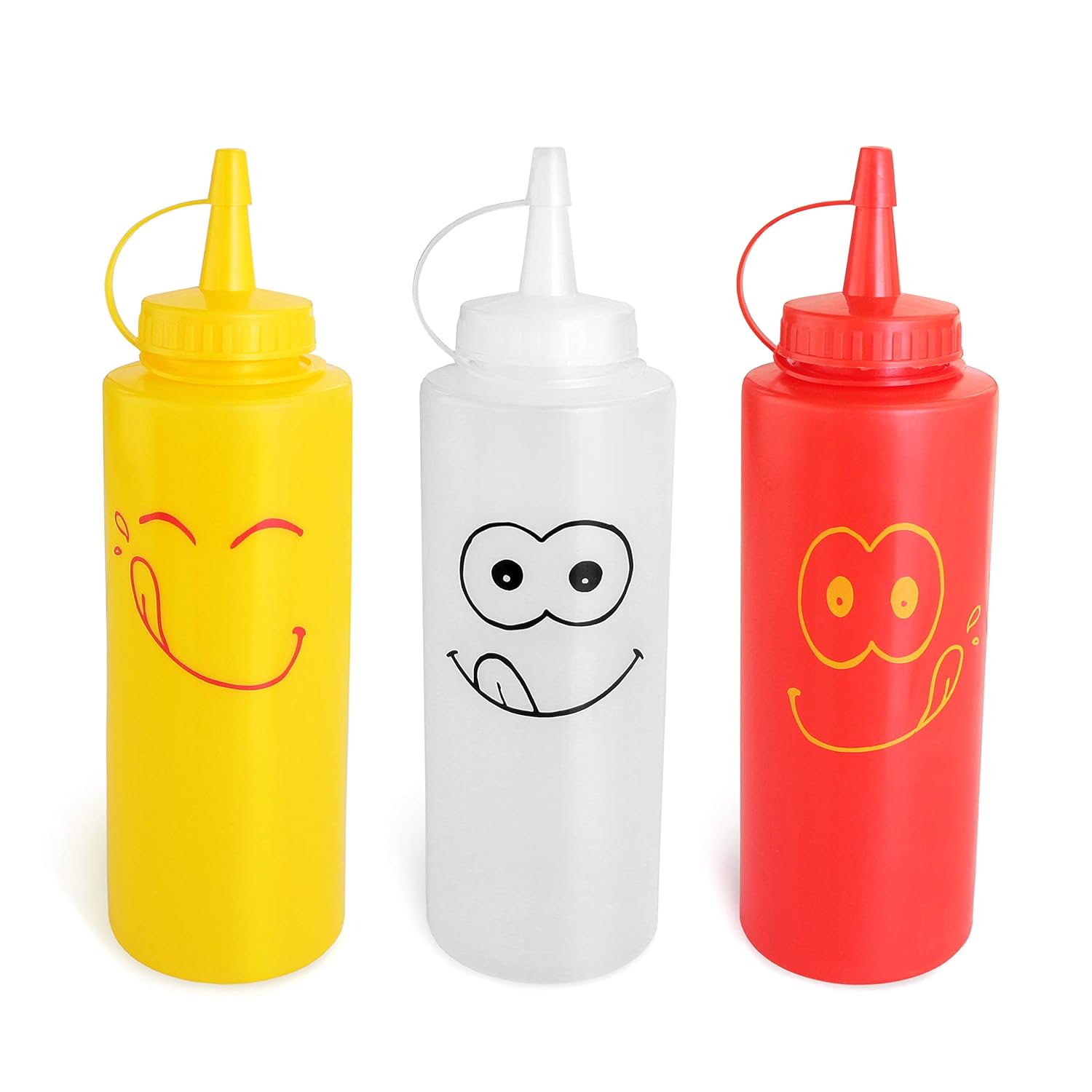 New Star Foodservice 28560 Smiley Faces Squeeze Bottle Set Plastic Red Yellow and Clear 12 oz