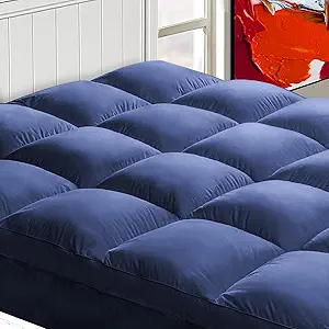 Mattress Topper Queen for Back Pain, Extra Thick Mattress Pad Cover, Plush Pillow Top, Deep Elastic Pocket, Navy