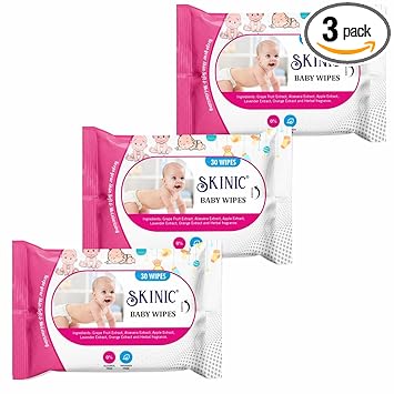 Skinic 100% Herbal Baby Wipes| Alcohol free | Chemical free | Paraben Free | Travel Pack (30 pieces) (Pack of 3)