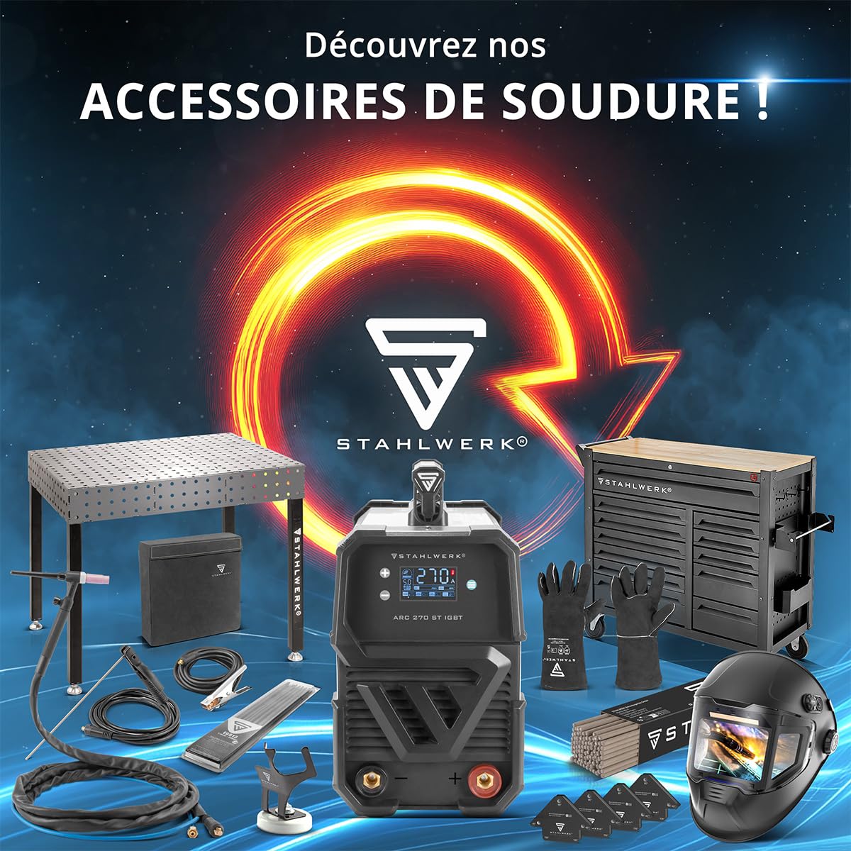 STAHLWERK Poste à souder à l'électrode ARC 200 MD – Kit complet avec chariot – MMA jusqu'à 200 A, utilisation flexible sans gaz, compact & léger, Smart Cooling, Hotstart, fonction Anti-Stick