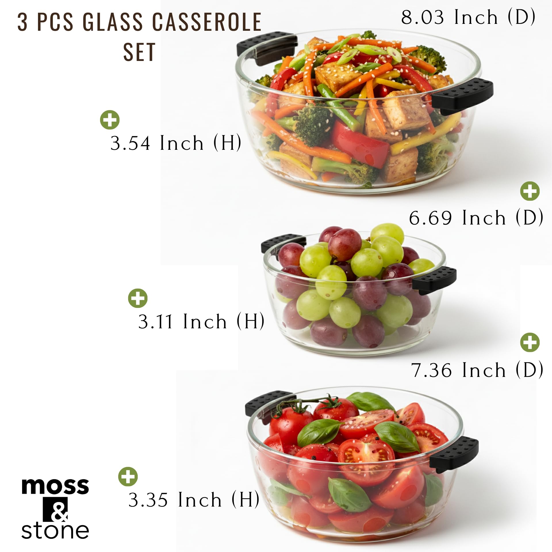 Moss & Stone Glaskasserolle mit Deckel – hergestellt aus Borosilikatglas,langlebiges Backgeschirr, ofenfest und mikrowellengeeignet, transparente Töpfe zum Kochen (klares gelbliches Glas)