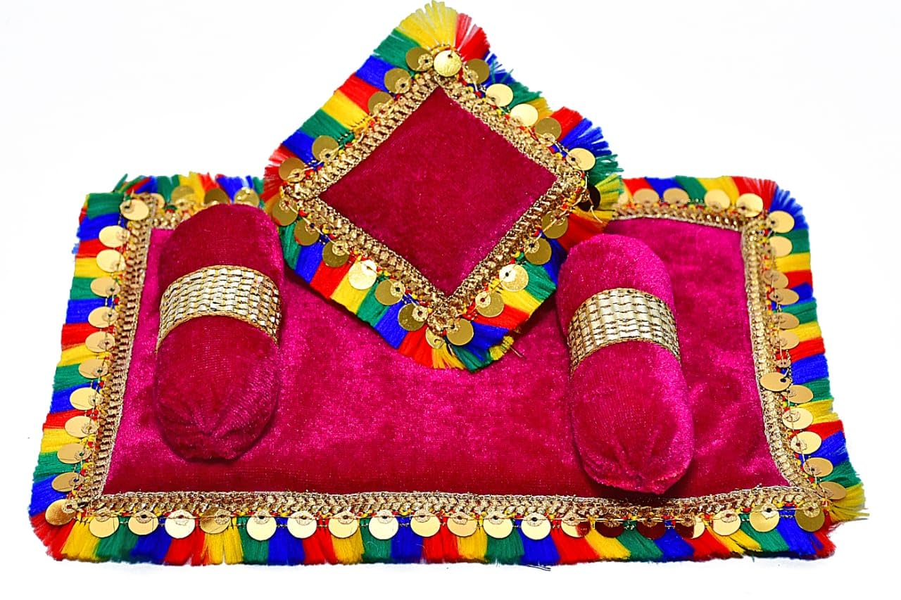 SAMRUDDHI Home Decor Laddu Bal Gopal Thakurji Bedding Set Pack of 4 (Handcraft Aasan, Head & 2 Side Pillow Set) Laddu Gopal/Krishna ji Bister | Ladoo Gopal Aasan - Cotton/Velvet Material (Design 40 3