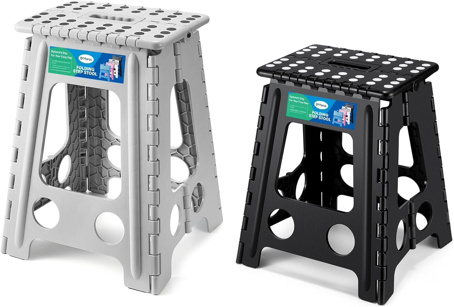 Dyforce 17.5 Inch and 16 Inch Folding Step Stool 400lbs Capacity Sturdy Plastic Foldable Step Stools for Adults (Grey&Black)