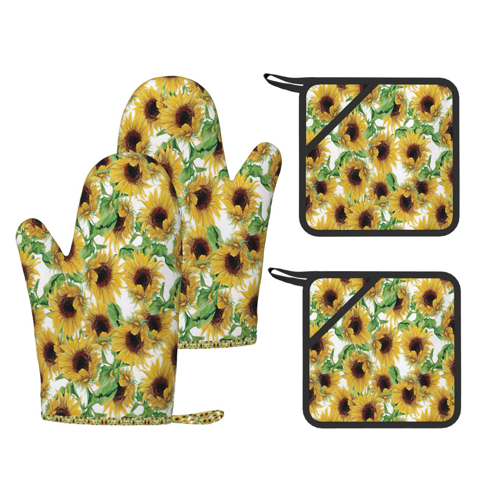 Sunflower.1 Printed Oven Gloves and Hot Pads Set of 4, High Heat Resistant Silicone Mitts for Cooking BBQ