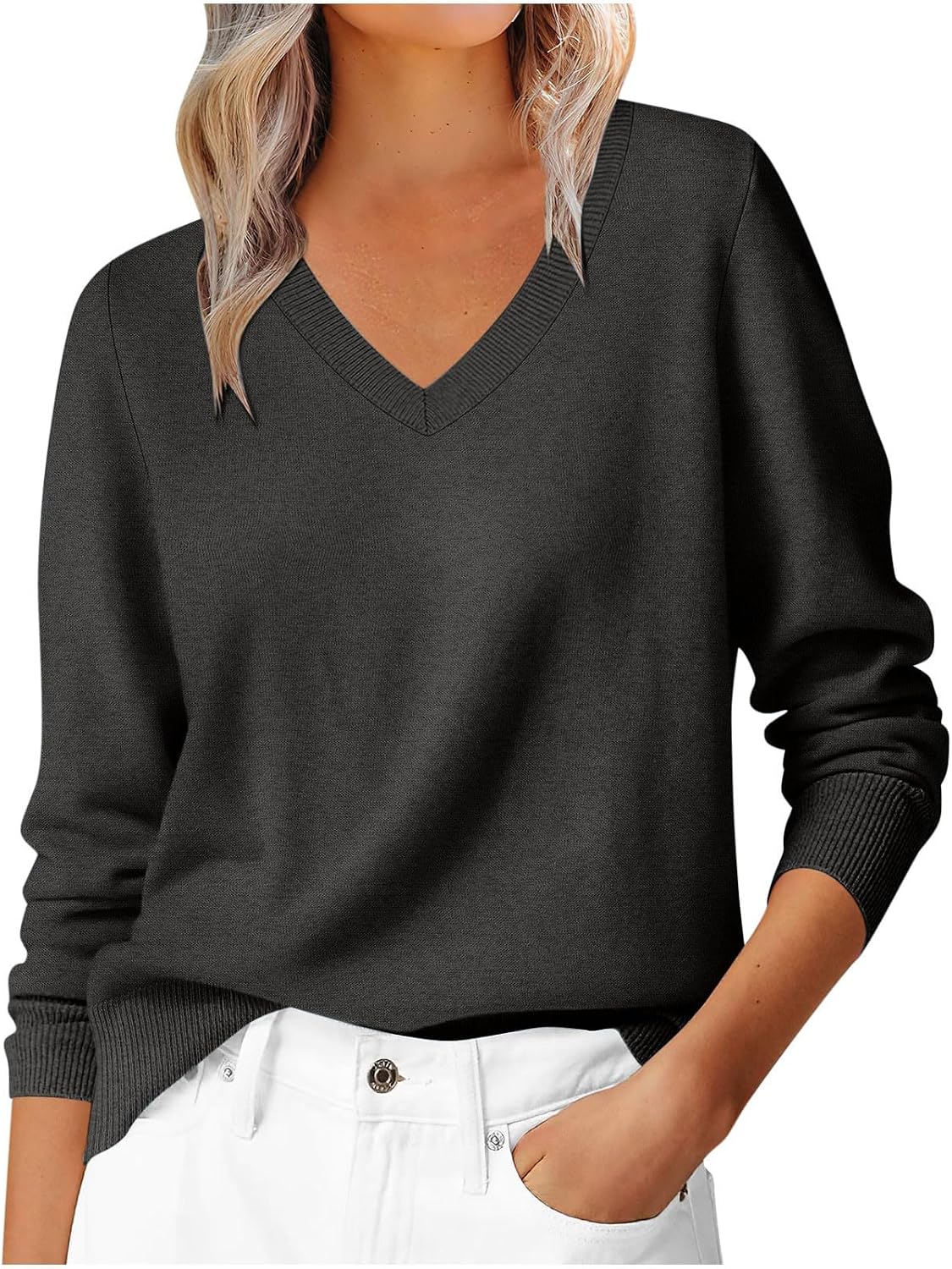 Womens Long Sleeve V Neck Sweaters Solid Lightweight Fall Casual Classic Shirt Soft Loose Basic Pullover Jumper Top