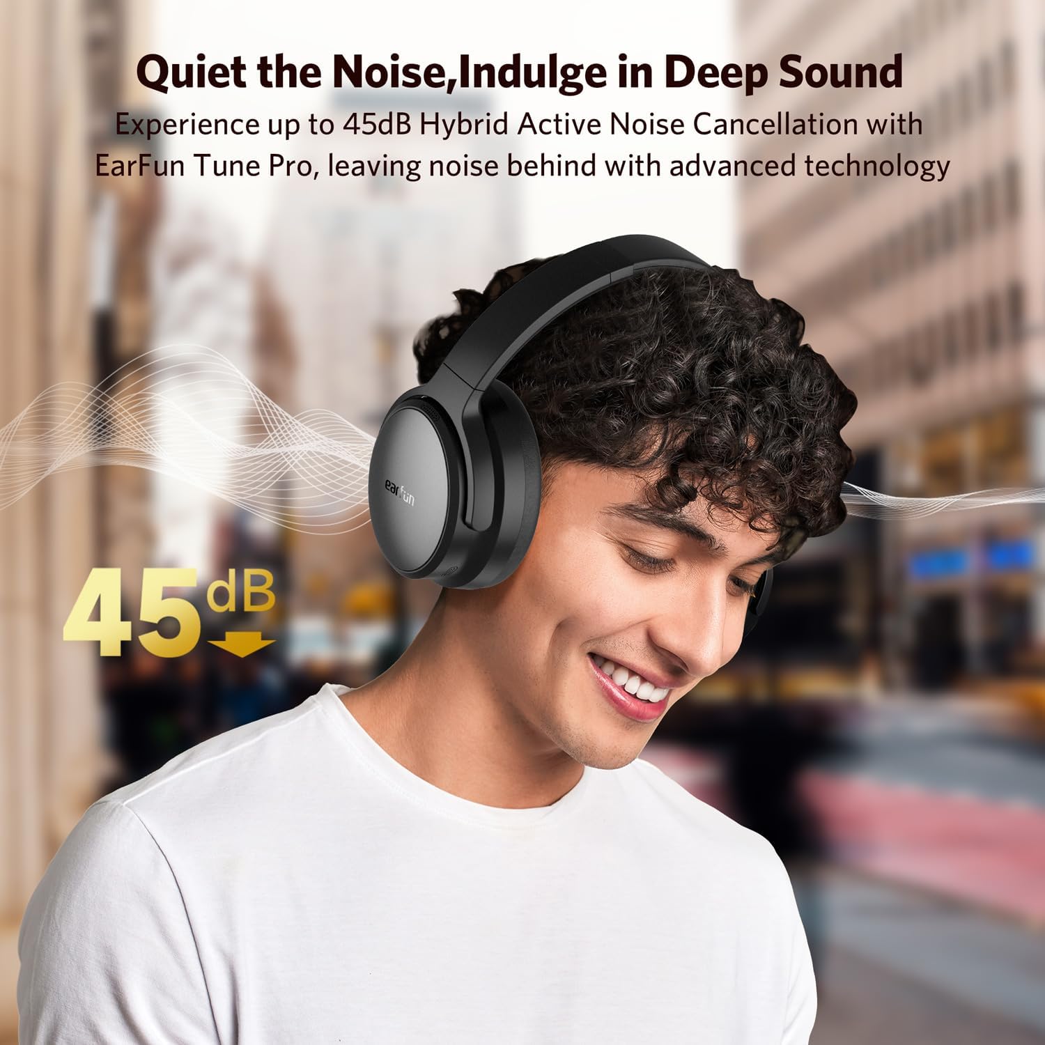 EarFun Tune Pro headphones connected via Bluetooth 5.4 to a smartphone and a laptop, demonstrating multipoint connection.