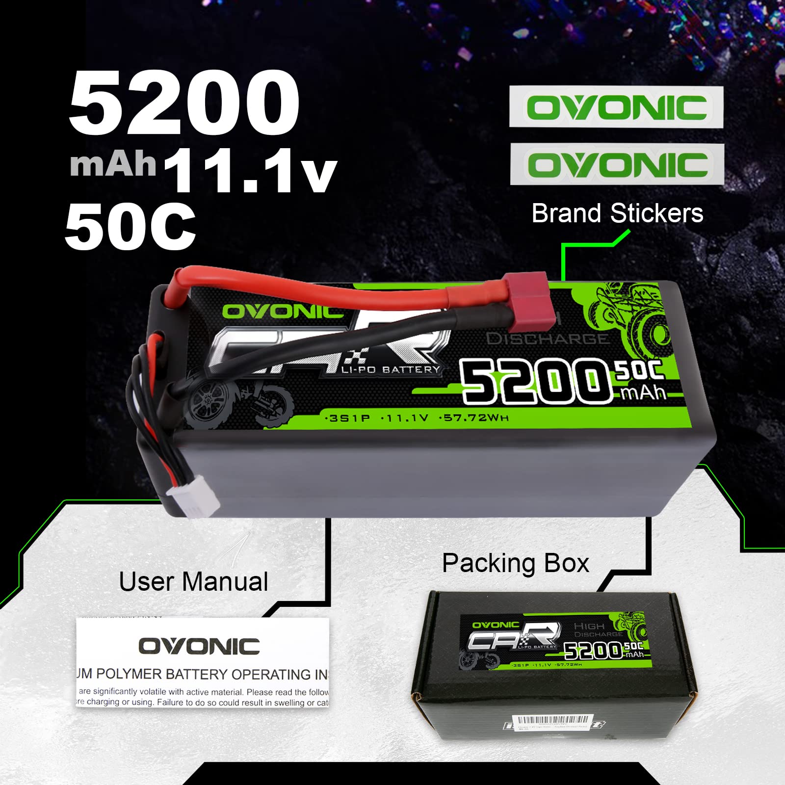 OVONIC RC Lipo akumulator 3S 11,1 V 5200 mAh 50C Dean T wtyczka Hardcase LiPo ogniwa baterii do FPV RC samolotu, samochodu, Evader BX, quadcoptera, helikoptera, ciężarówki, łodzi (1 sztuka)