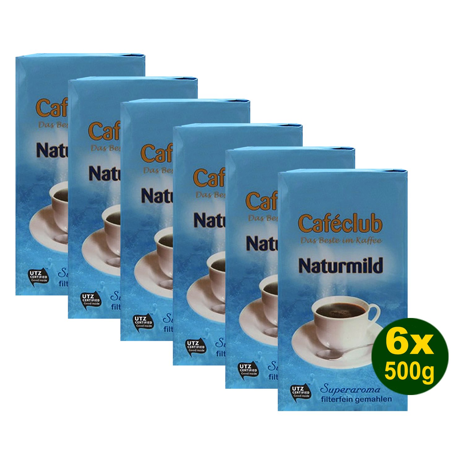 CAFECLUB Naturmild SUPERAROMA filterfein gemahlen 6x 500g (3000g) - Kaffee im Vakuumpack