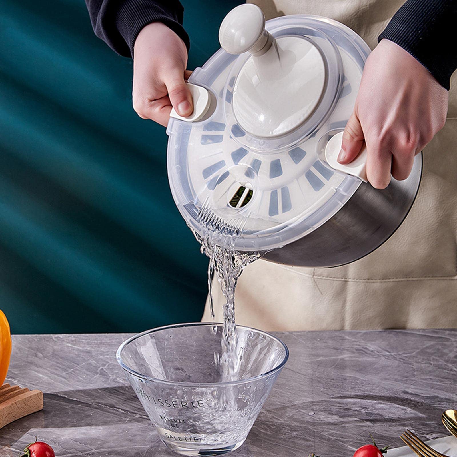 perfk Centrifuga per insalata grande in acciaio inossidabile, lavaverdure con ciotola, pulisci e asciuga