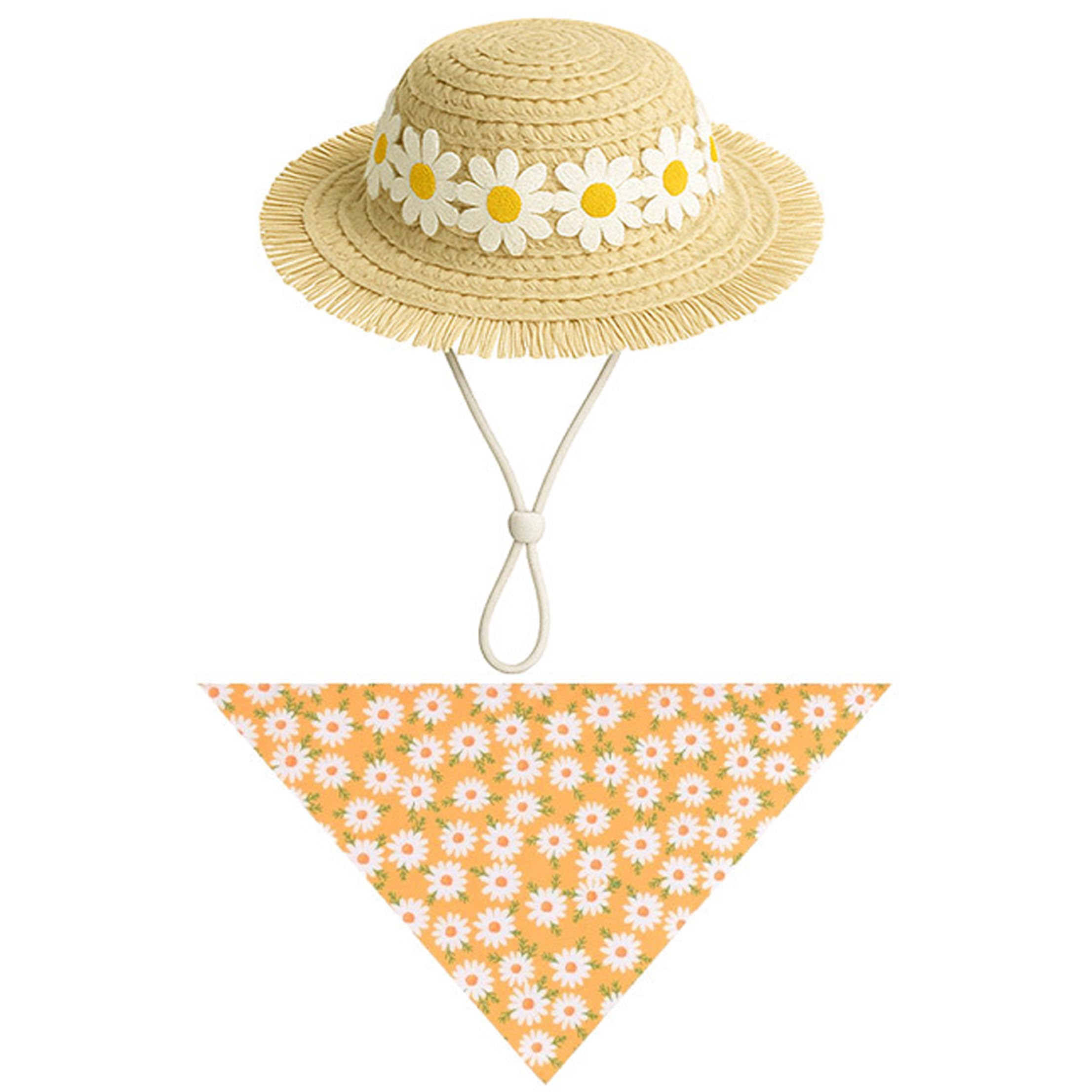 Ginwrek Summer Porch Geese Outfit Porch Geese Outfit, Summer, Daisy Print Straw Hat & Bandana Set for Yard Patio Outdoor Yellow, One Size