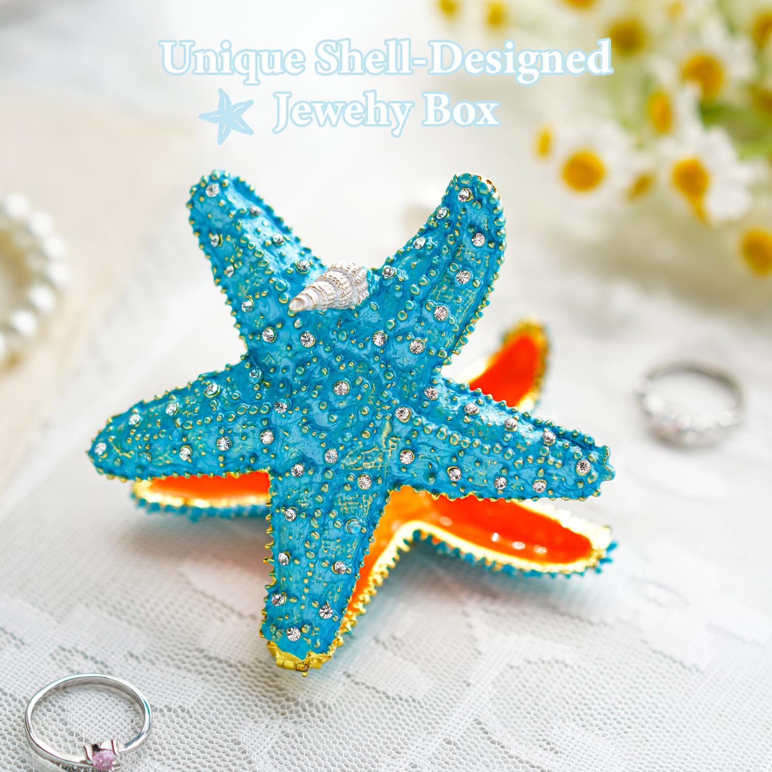 H&D HYALINE & DORA Hinged Metal Starfish Jewelry Box Decorative Box Ring Holder Trinket Organizer Earring Necklace Storage Box Jewelry Display Box Gift for Women Girl