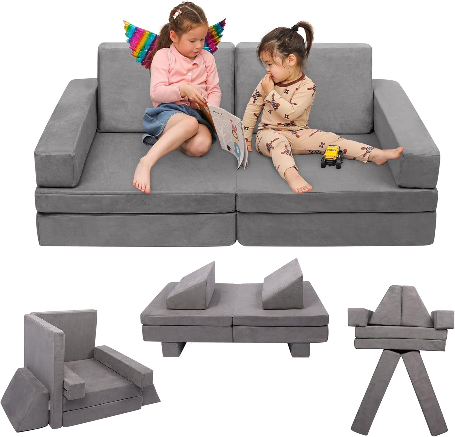 Betterhood Modular Kids Play Couch, Kids Couch Building Fort for Playroom, Children Convertible Foam Cushion for Boys and Girls (Square Armrest, Grey)