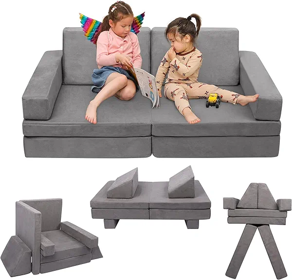 Betterhood Modular Kids Play Couch, Kids Couch Building Fort for Playroom, Children Convertible Foam Cushion for Boys and Girls (Square Armrest, Grey)