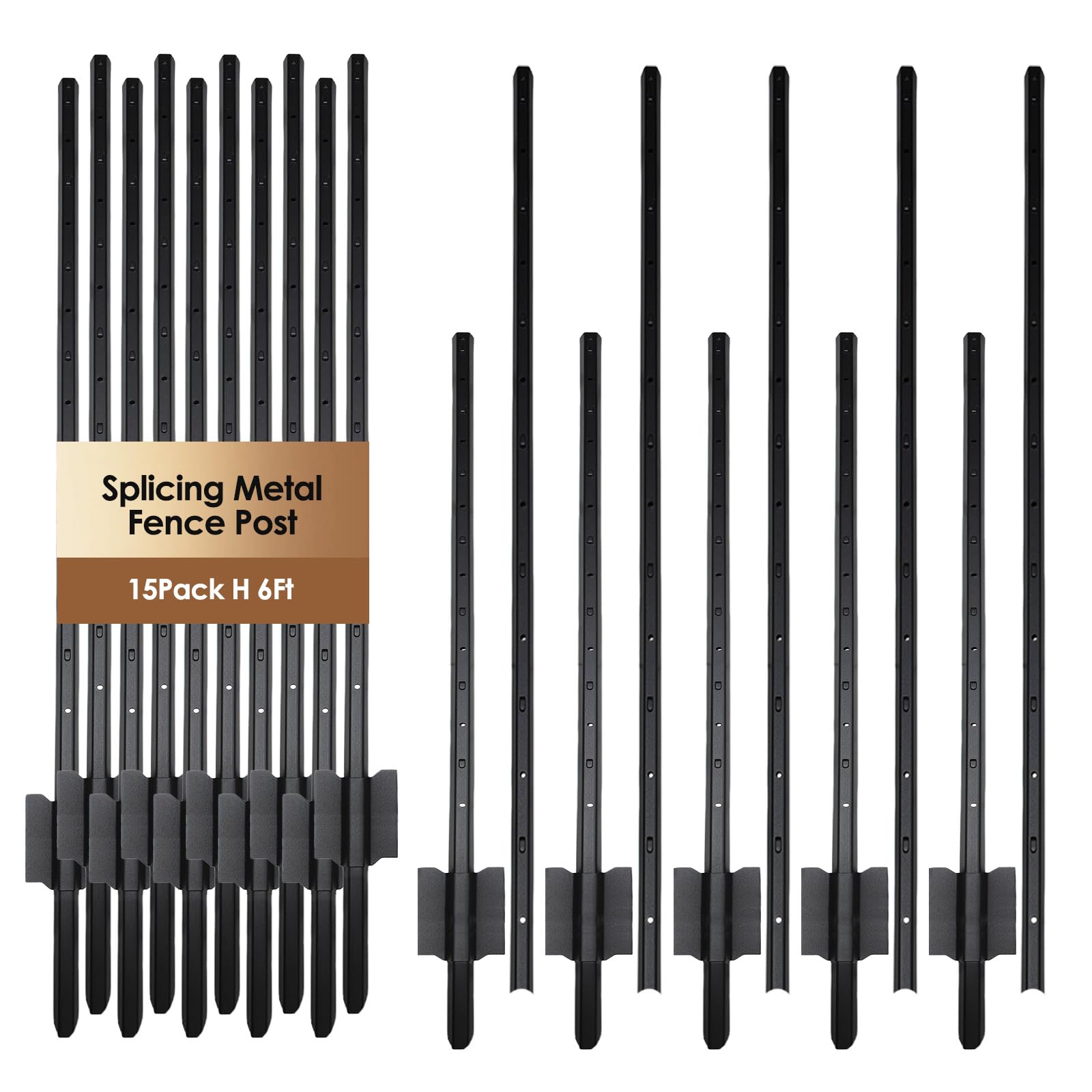 metal fence post 6ft, 15 pack heavy duty t posts for garden | heavy duty steel / black coating / rust resistant / garden wire fence support / trellis / no-dig u post