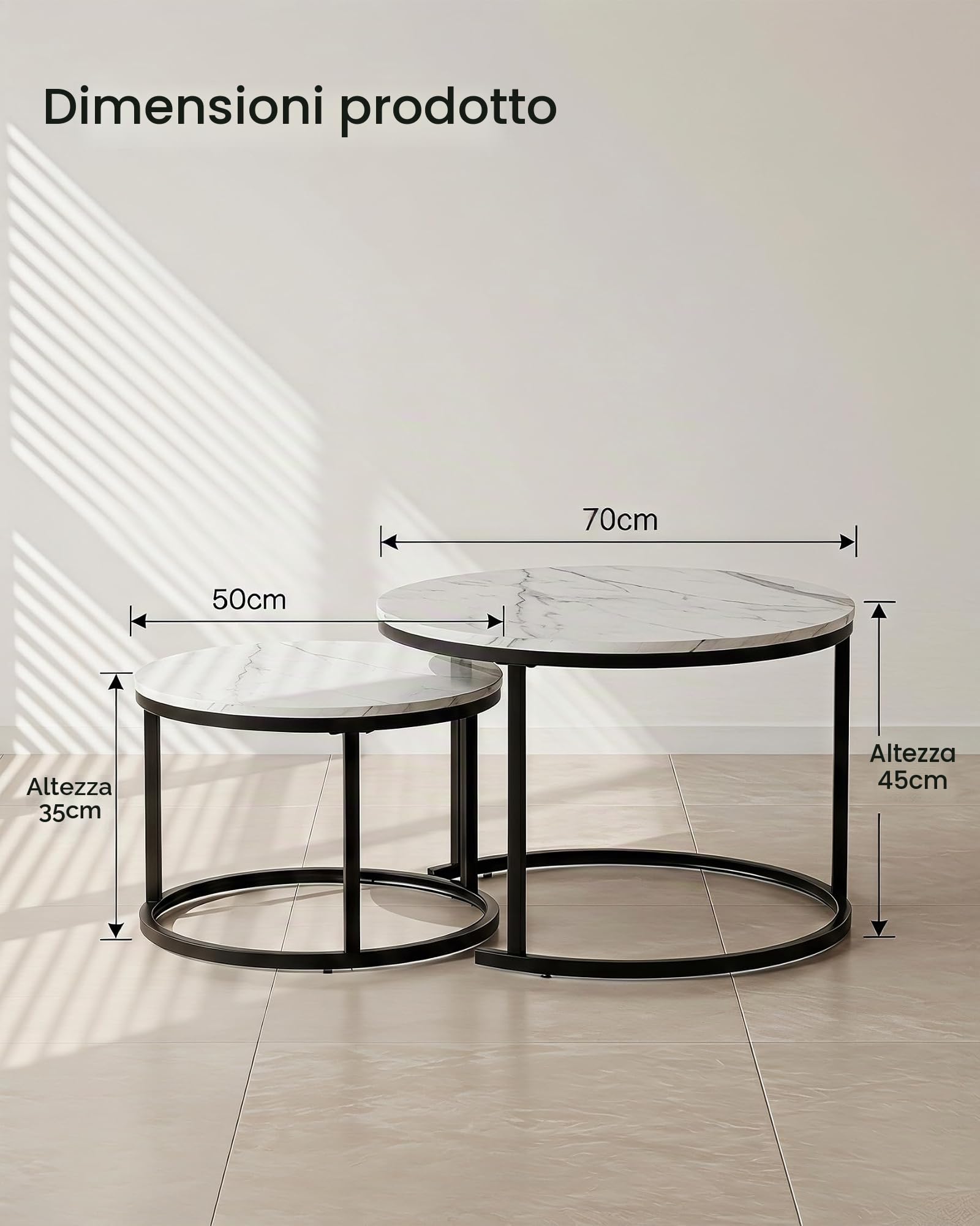 Tavolo Salvaspazio Soggiorno, Tavolino da Salotto Moderno Bianco, Tavolino Salotto Rotondo Bianco con effetto marmo 2 pezzi, Coffee Table