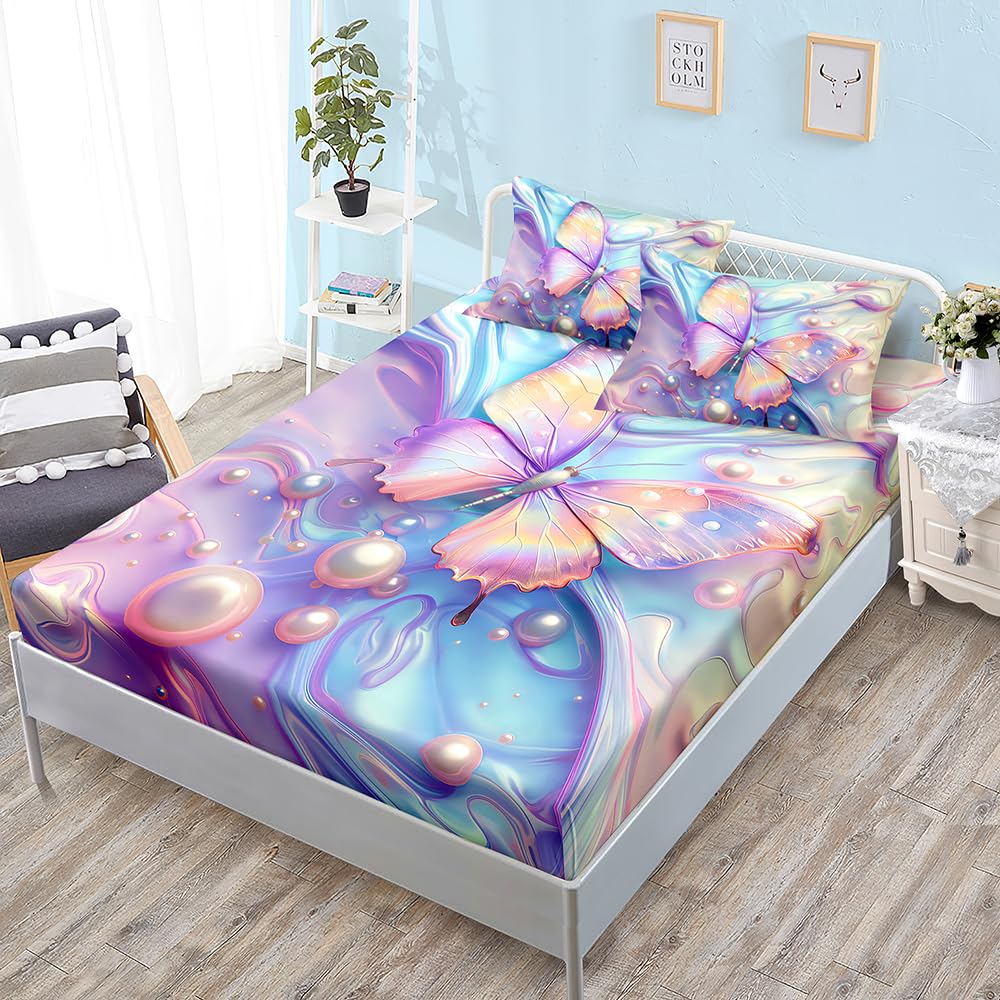 Spannbettlaken 200X200 Lila Schmetterling Matratzenschoner Bis 30Cm, Premium Mikrofaser Weiches Spannbetttuch,Bed Sheets,Bettlaken Spannbettuch Atmungsaktiv Und Komfortabel
