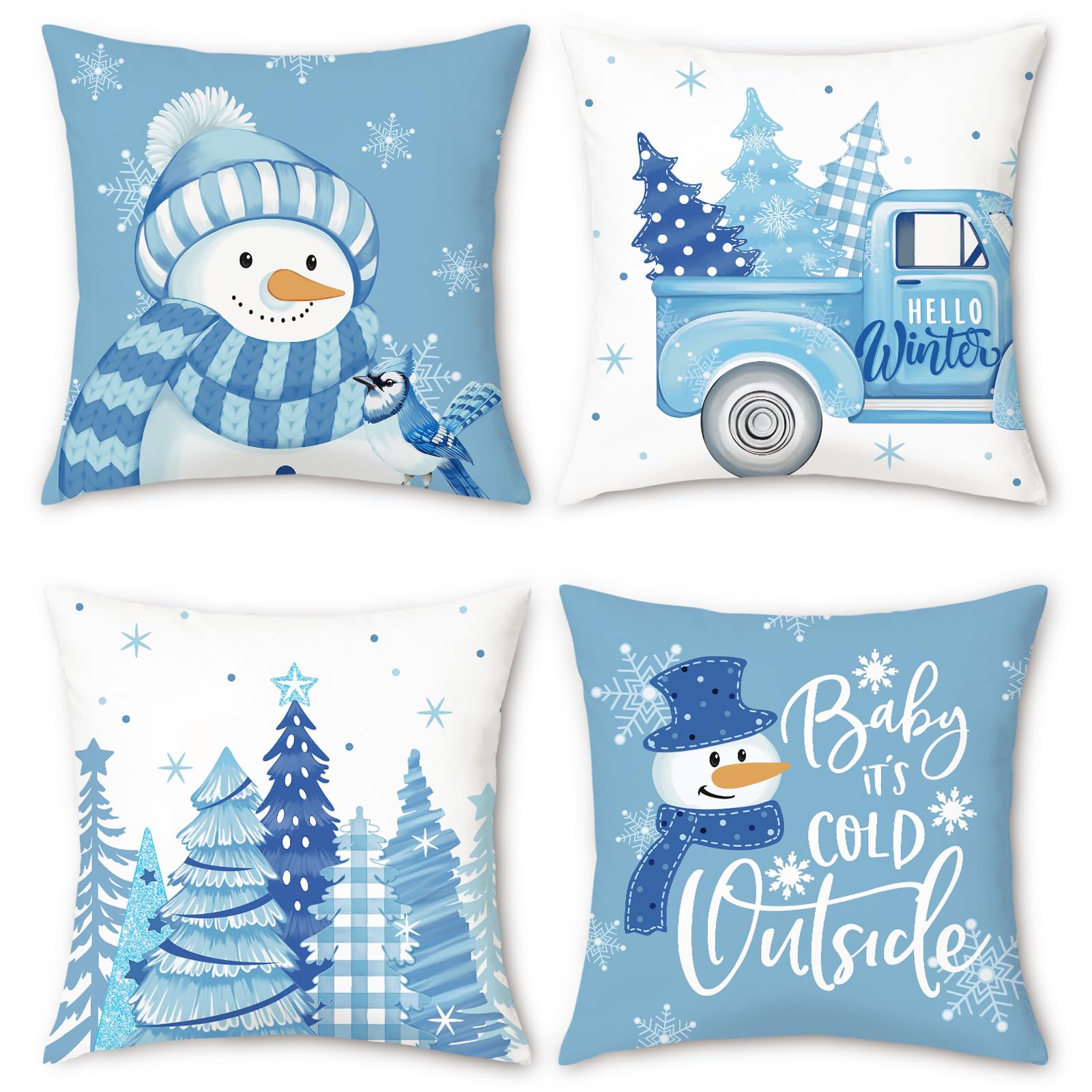 Bonhause Winter Cushion Covers 45 x 45 cm Snowman Christmas Trees Snowflakes Truck Blue Decorative Throw Pillow Covers for Sofa Bed Home Patio Xmas Holiday Decor Set of 4