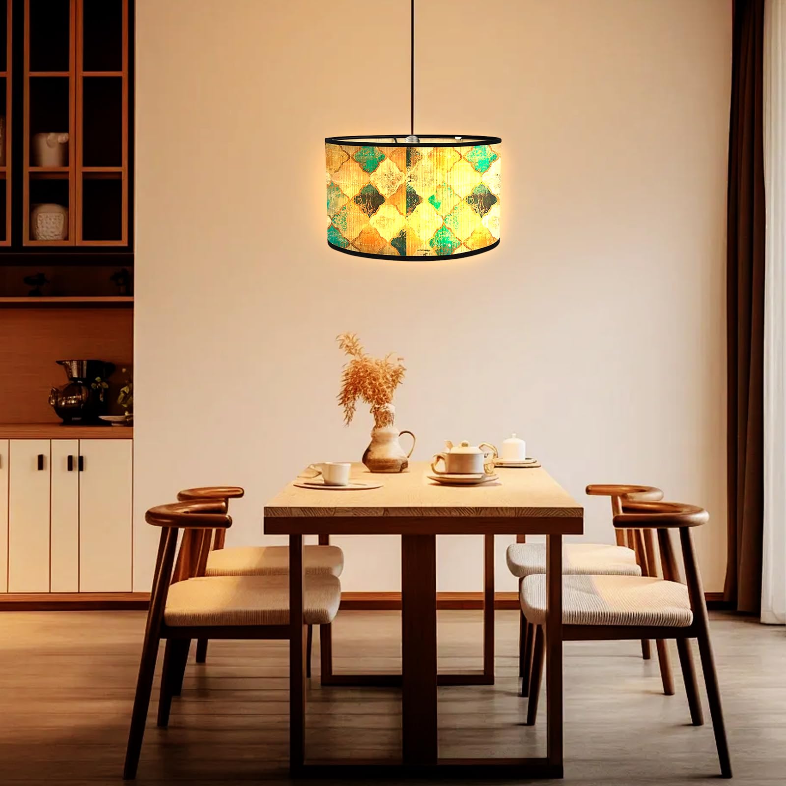 Tambor de 30 cm, pantalla E27, lámpara de noche, hecha a mano, color verde, para techo, suspensión y mesa