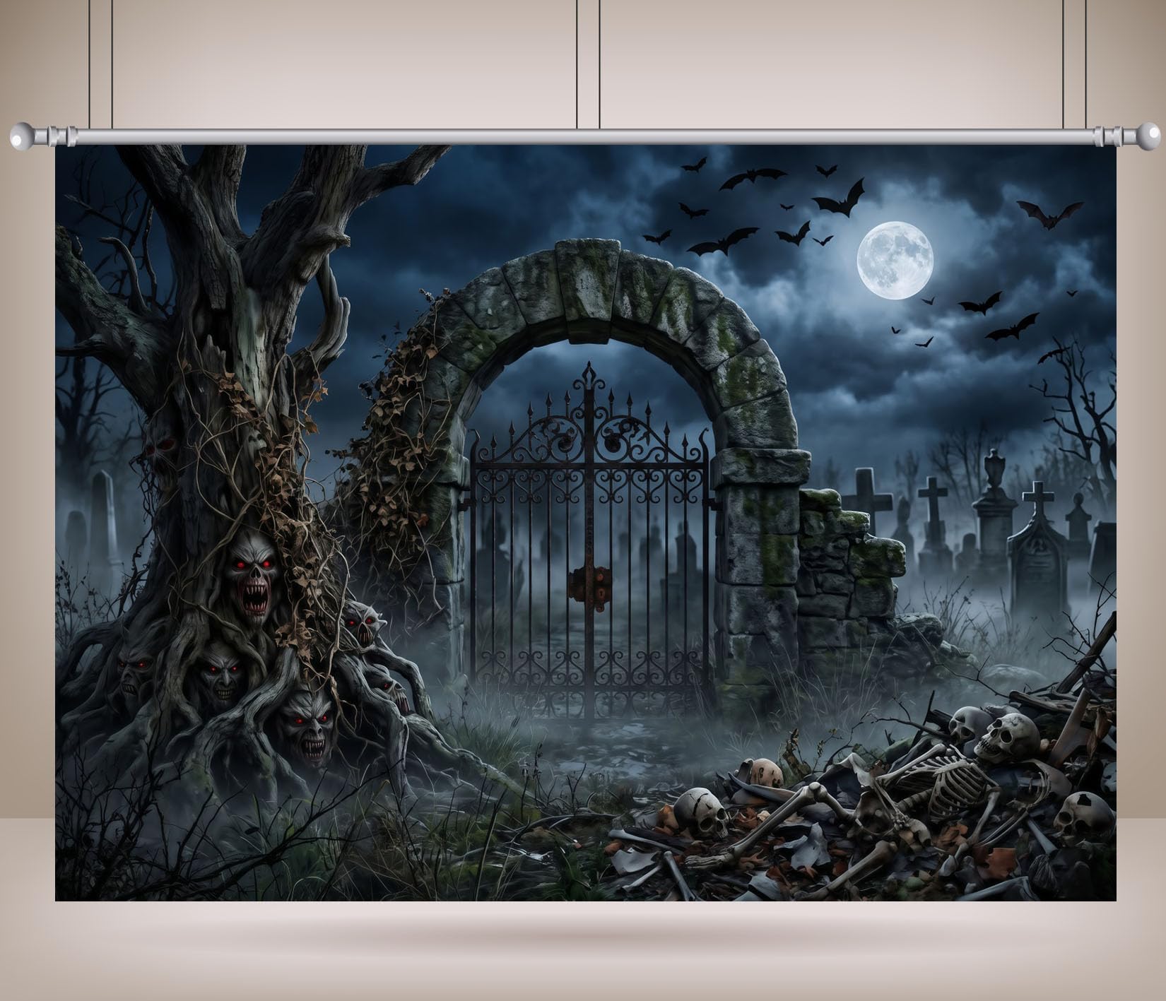 BELECO 3.6x2.5m Tessuto Sfondo Halloween Arco Pietra Spaventoso Cimitero | Albero Demonio Spaventoso Scheletro Teschio Lapide Luna Piena Pipistrello Cimitero Nebbioso Sfondo Telo Di Sfondo