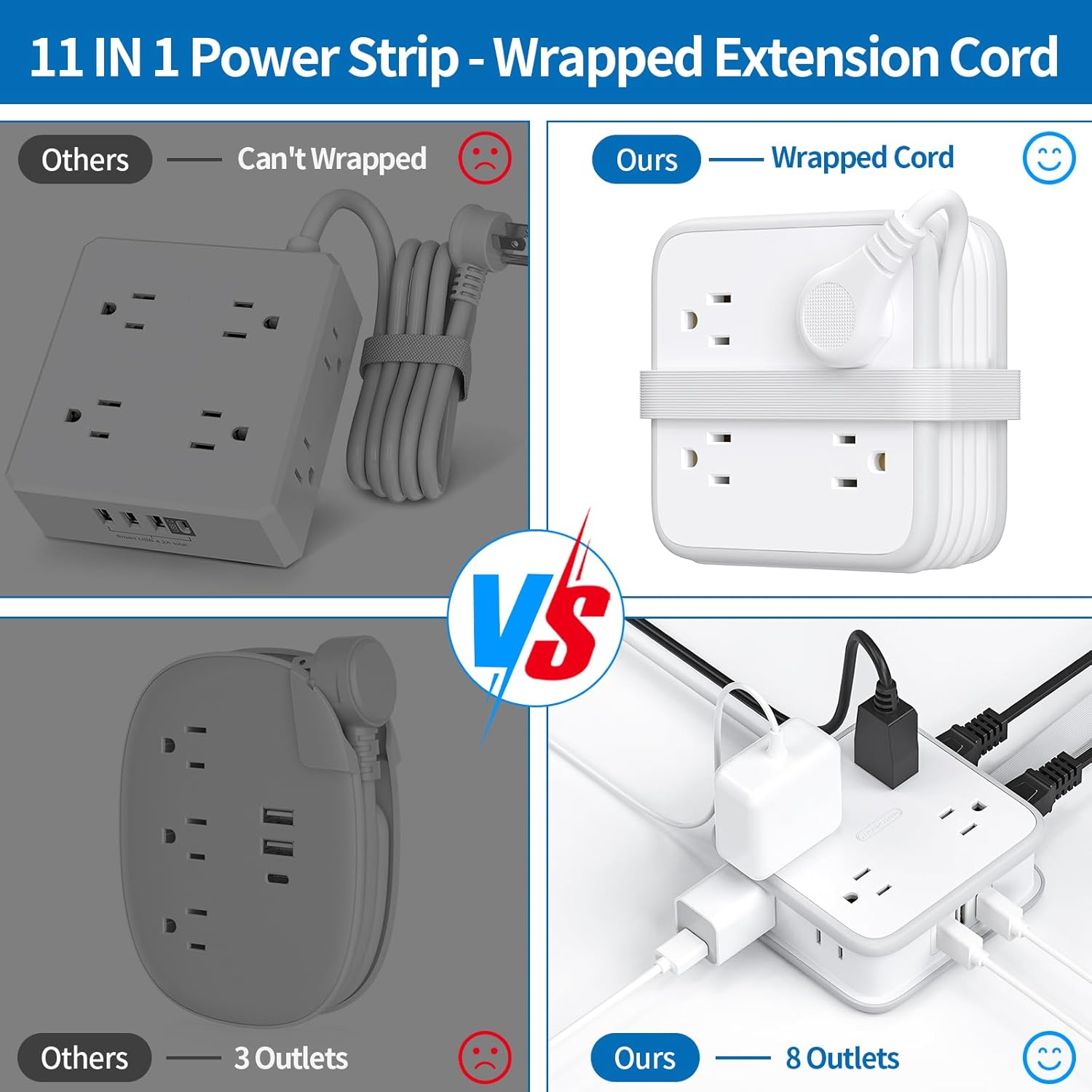 NTONPOWER Flat Plug Power Strip, 5ft Extension Cord with Multiple Outlets, 3 Side Outlet Extender with 8 Widely Outlets and 3 USB Ports, Wall Mount, Overload Protection, Idea for Home, Dorm, Travel