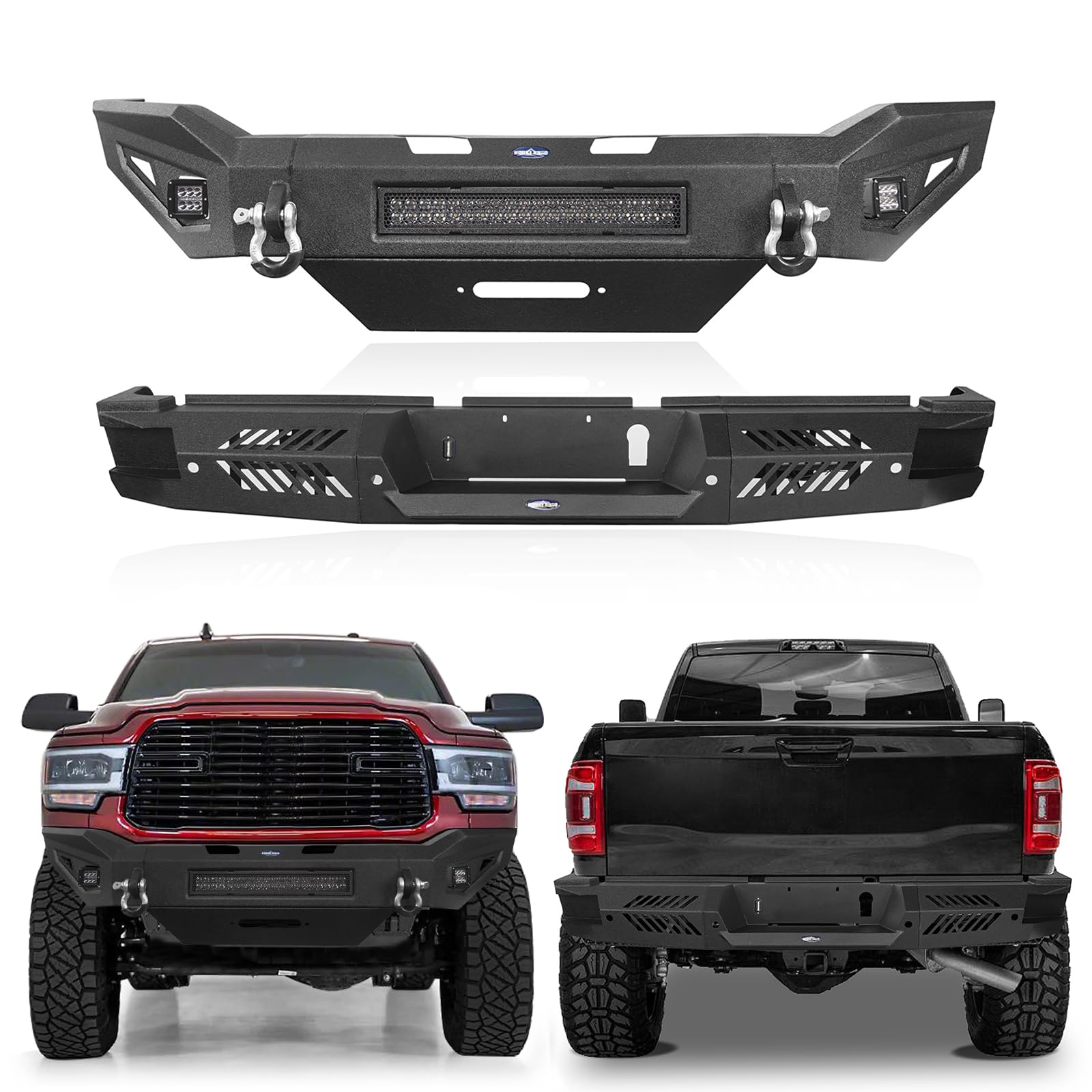 Hooke Road 19-24 Ram Front Winch Bumper w/Skid Plate & Rear Bumper Kit for 2019-2024 Dodge Ram 2500 Pickup Trucks - Steel Texture Bumpers w/LED Lights