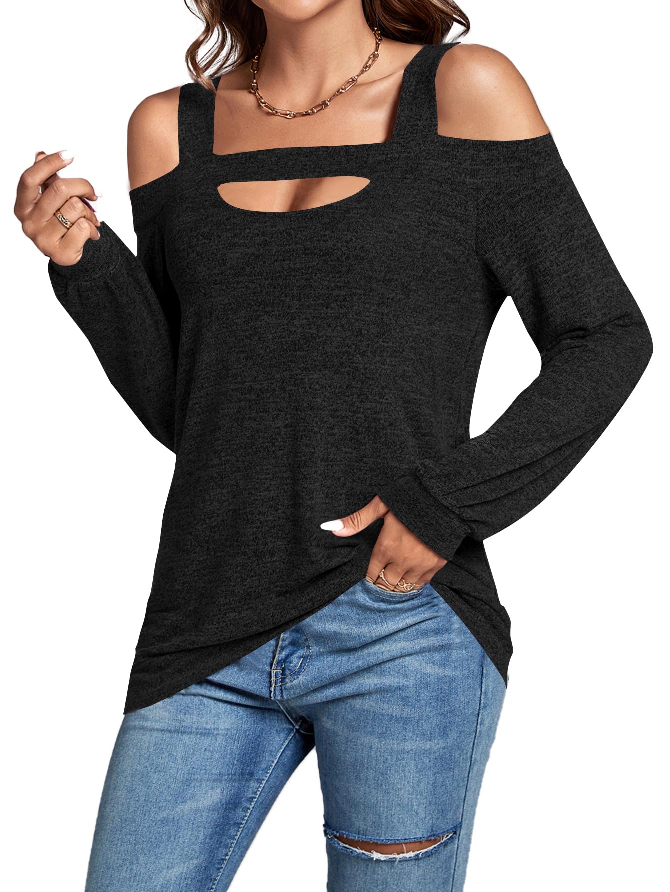 LYANER Women's Casual Cold Shoulder Hollow Out Solid Long