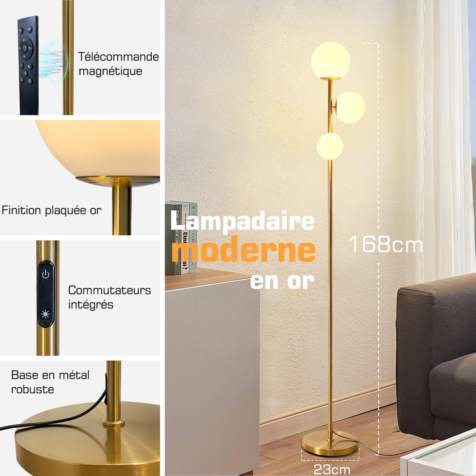 Lampadaire LED Dimmable vintage,168cm Lampe doré sur Pied 3 lumières rondes avec télécommande,Lampadaire pour Chambre, Salon, Bureau