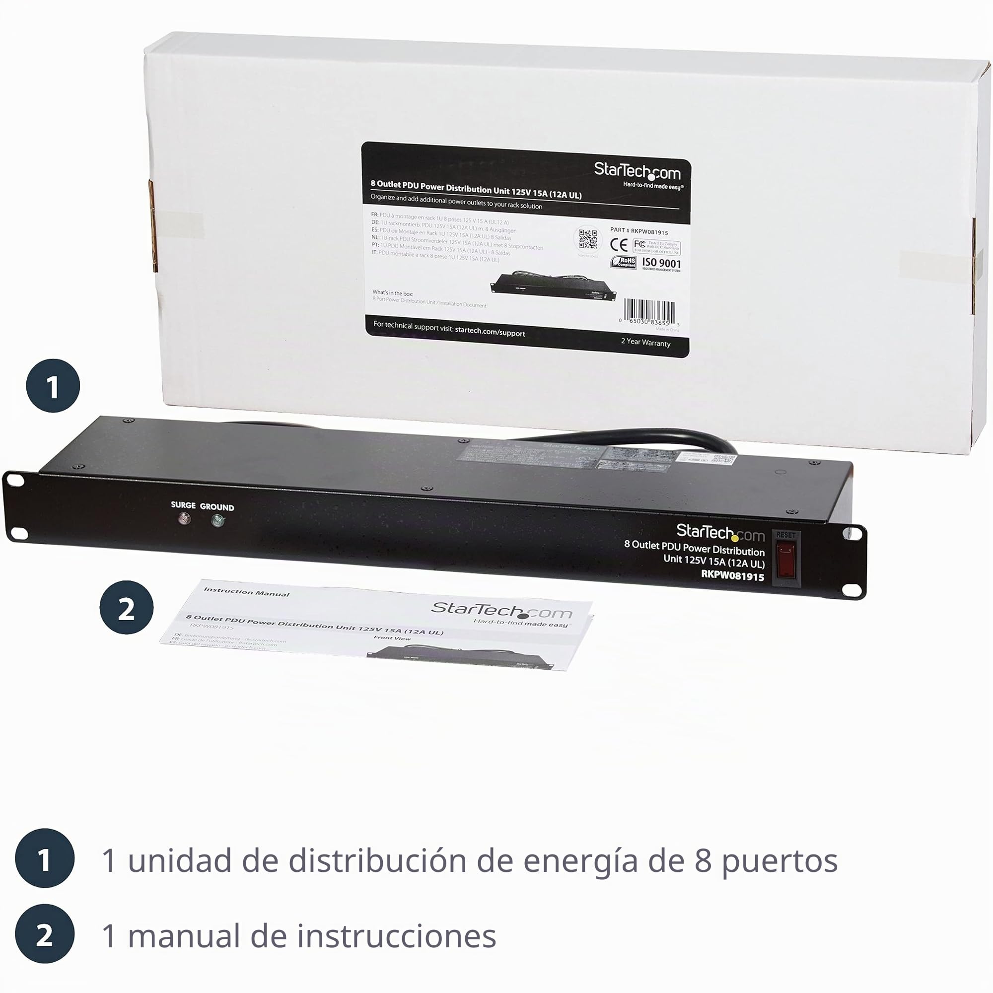 StarTech.com RKPW081915 unidad de distribución de energía (PDU) - Unidad de distribución de energía (PDUs) (5 - 45 °C, Negro, -25 - 65 °C, 95,5 x 482,6 x 42,7 mm, 8 x NEMA 5-15)