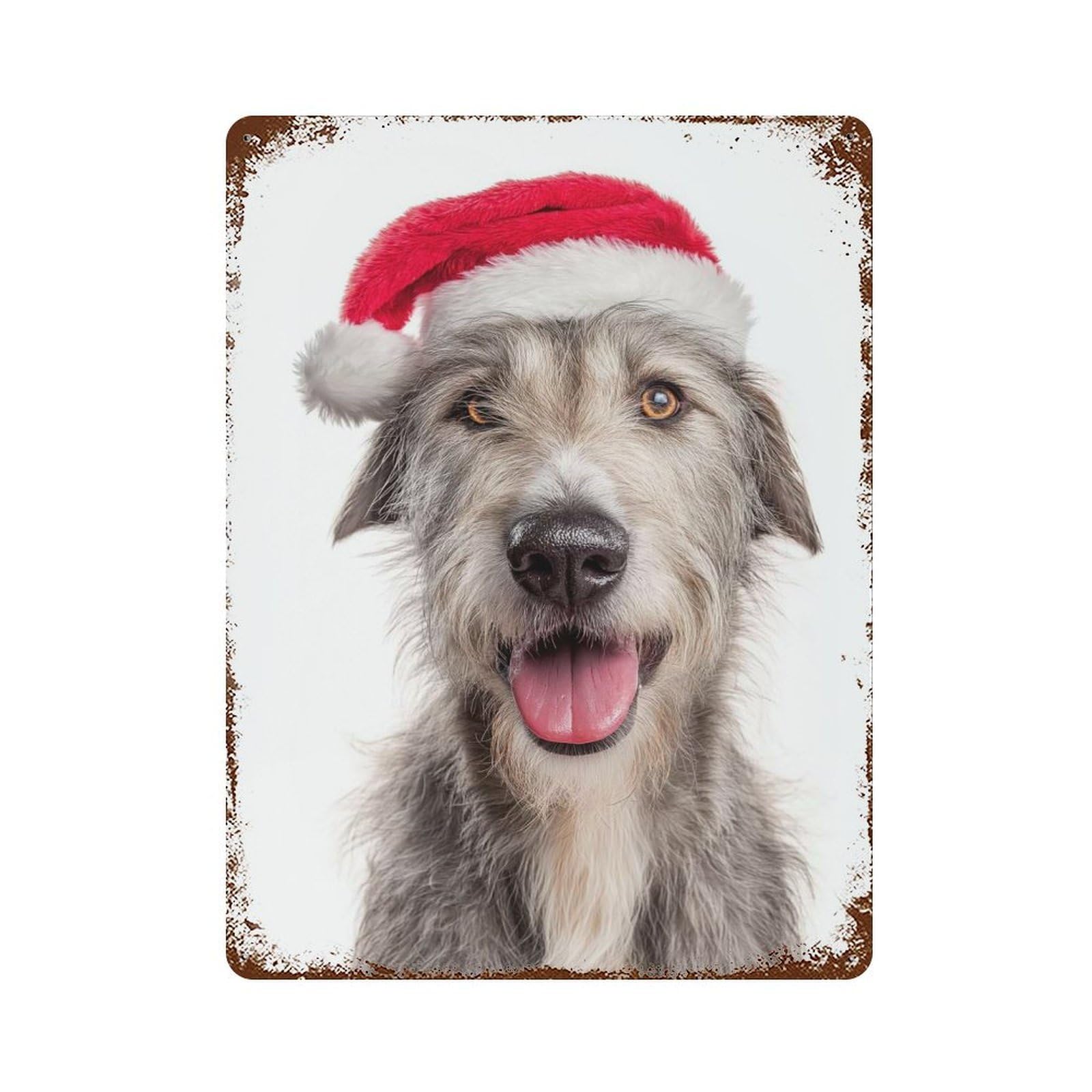 Garage Style Irish Wolfhound Dog with Santa Hat Portrait Weathered Tin Sign 15.7"x11.8", Classic Wall Plaque for Bar And Workshop