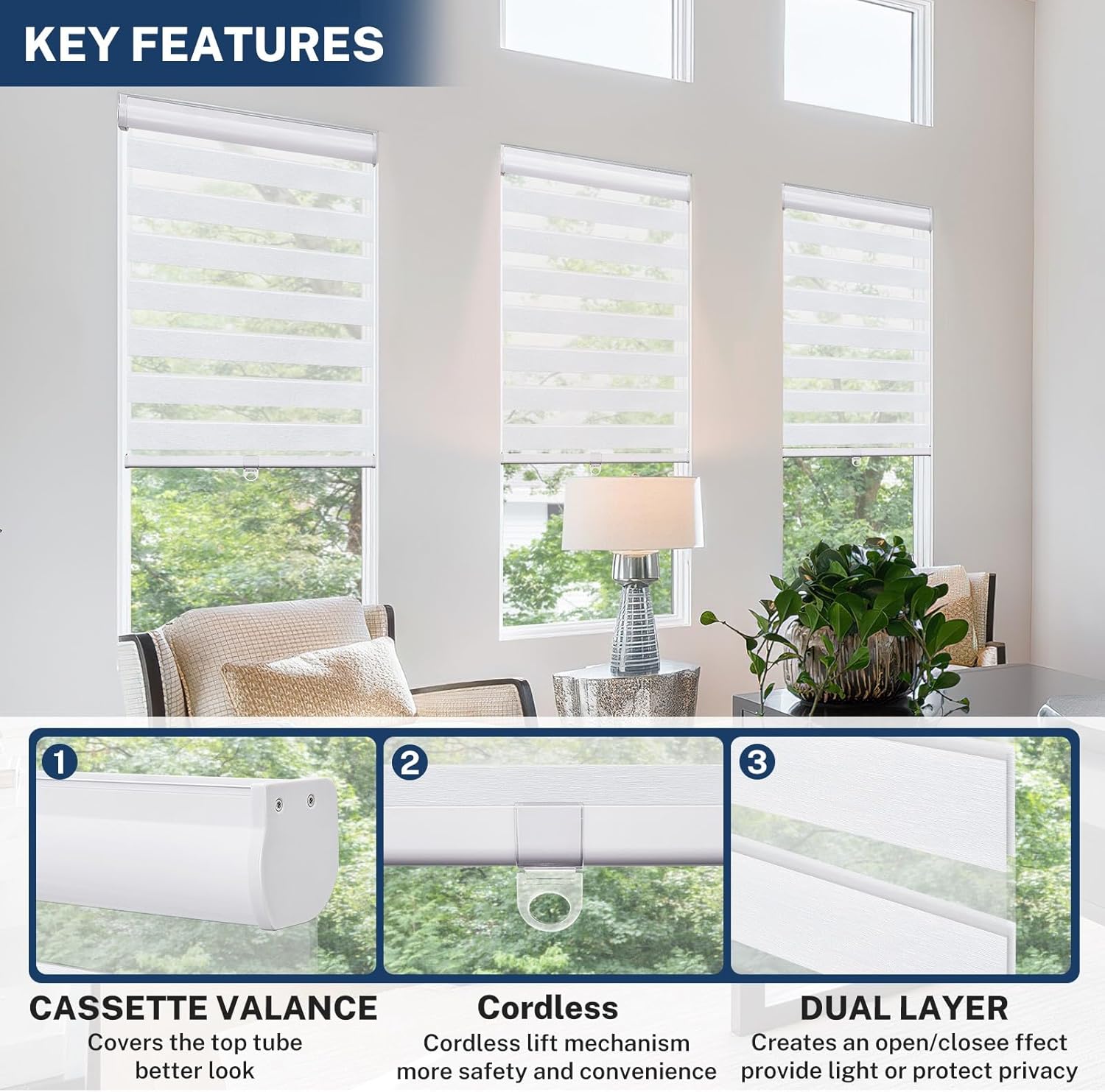 Keego Zebra Roller Window Blinds Cordless Custom Size Free-Stop Shades Dual Layer Light Control Easy Install Roler Shades for Windows (Dark Gray, 16" W x 72" H)