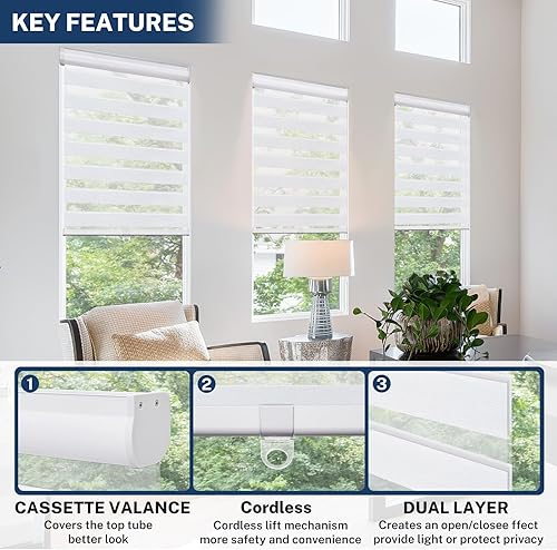 Miniatura 4 de Keego Zebra - Persianas enrollables sin cordones, de tamaño personalizado, opacas de doble capa, control de luz de privacidad, fácil de instalar,