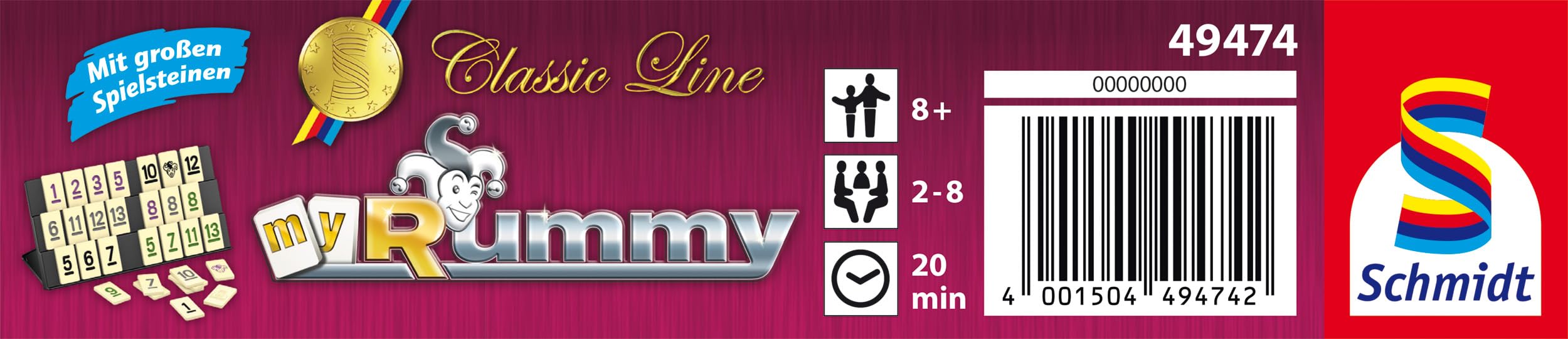 Schmidt Spiele 49474 MyRummy, Classic Line, Legespiel mit großen Spielsteinen, in Einer Metalldose