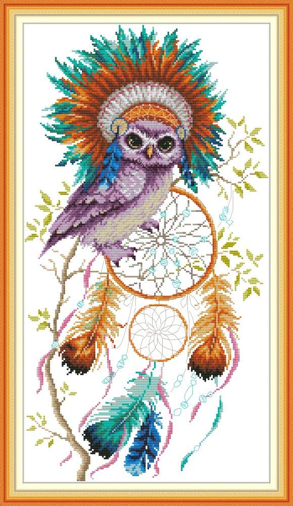 Wowdecor Owl Cross Stitch Embroidery Kits For Adults, Animals Dream Catcher Colorful Feathers 11Ct Stamped Diy Dmc Needlework Easy Beginners