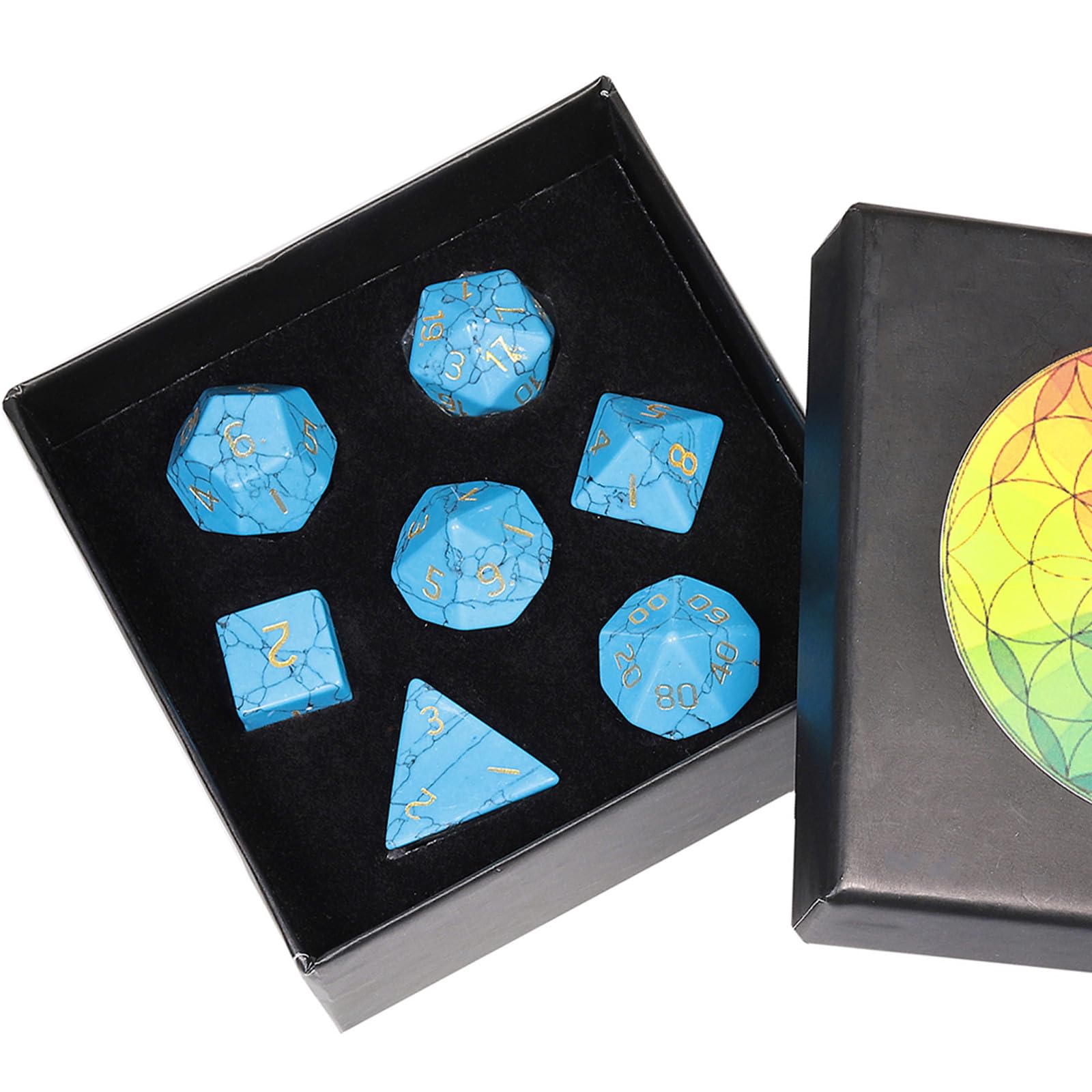 Nupuyai 7pcs Blue Howlite Turquoise Crystal Polyhedral DND Dice Set for RPG MTG Table Games, Polished Tumbled Stones Dices with Box for Home Decor
