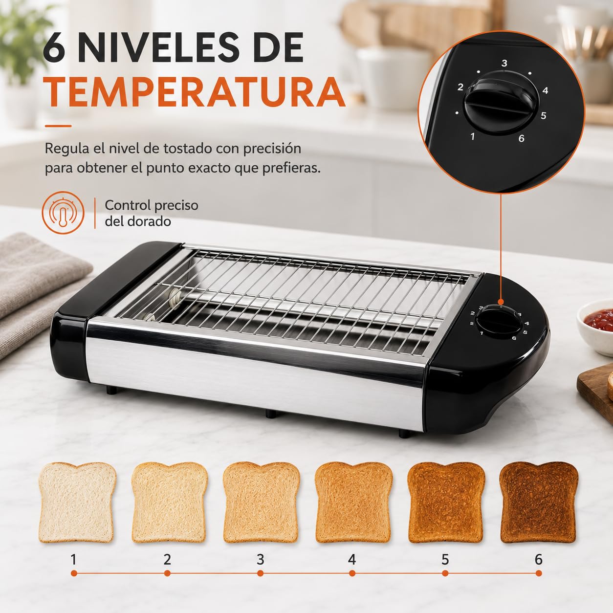 Tostadora de Pan Horizontal 600 W, 2 Resistencias de Cuarzo y 6 Niveles