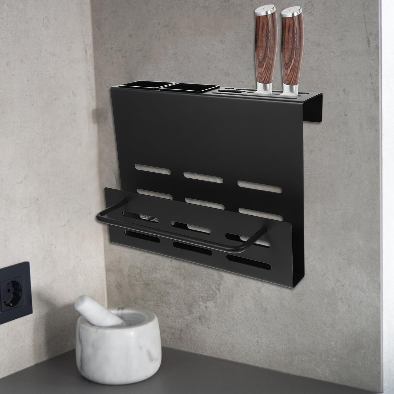 Wall Mount Knife Rack and Chopstick Holder with Cutting Board Organizer, Multifunctional Kitchen Utensil Accessory, Black Compact Storage for Cooking Tools and Flatware