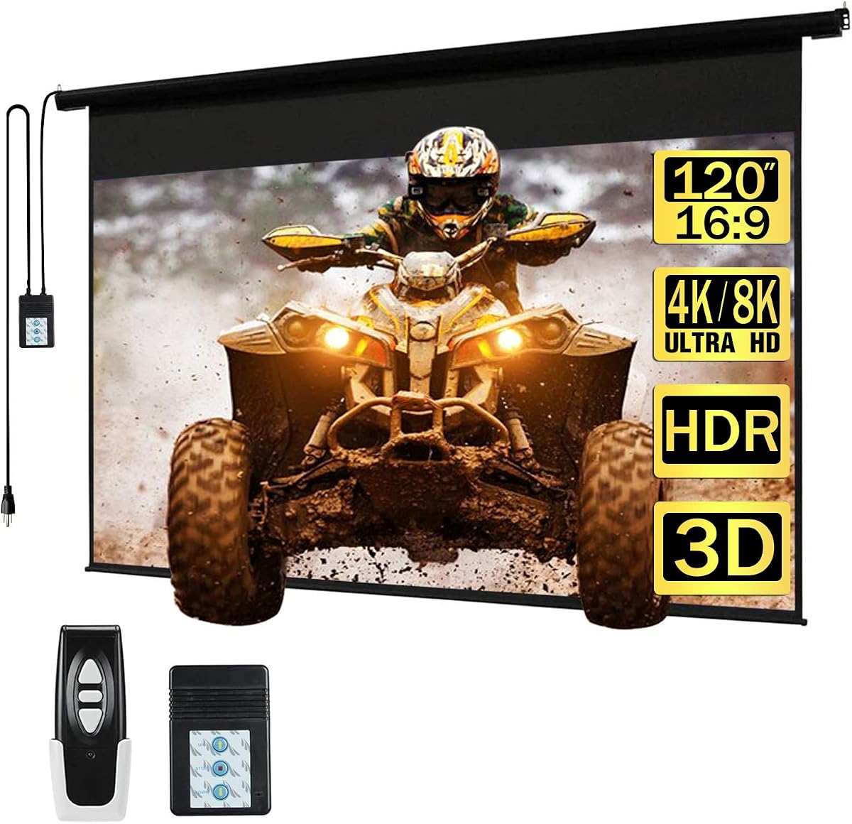 Kayle 120 Inch Motorized Projector Screen w/Wireless Remote, Black, 16:9 | Ceiling or Wall Mount,1.2 Gain,Electric Automatic Retractable,Outdoor Indoor Movies
