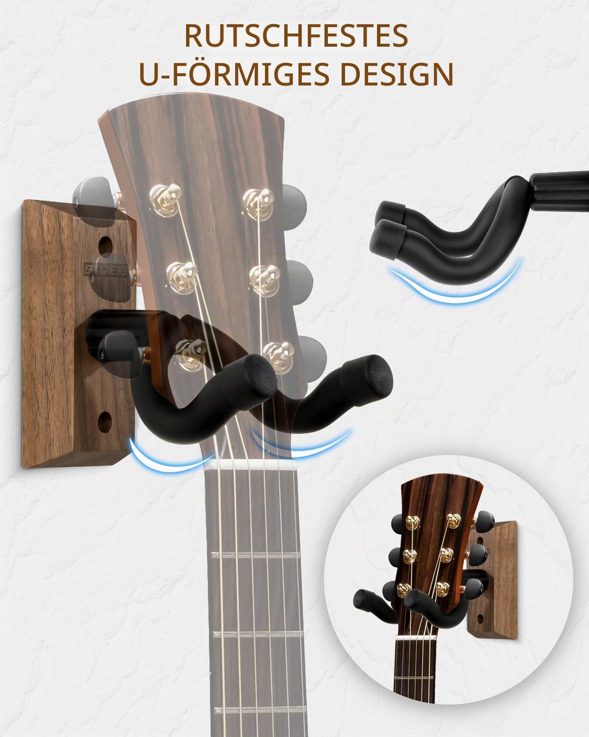 STRICH Gitarren-Wandhalterung, Walnuss-Holz-Gitarrenhaken, U-förmige Gitarren-Wandhalterung mit Schrauben, Gitarrenhalter-Wandhaken für Akustikgitarre, E-Gitarre, Banjo, Bass (3er-Pack)