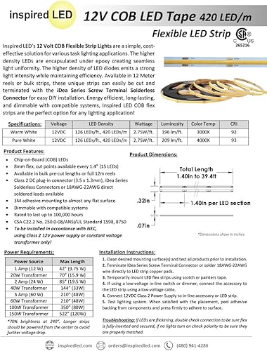 Miniatura 3 de Inspired LED COB - Tira de luces LED color blanco puro 4000K, 19.6 pies, alta densidad, 12 V, 2880 LED, 320+ LMft, CRI 90+, certificación UL (fuente