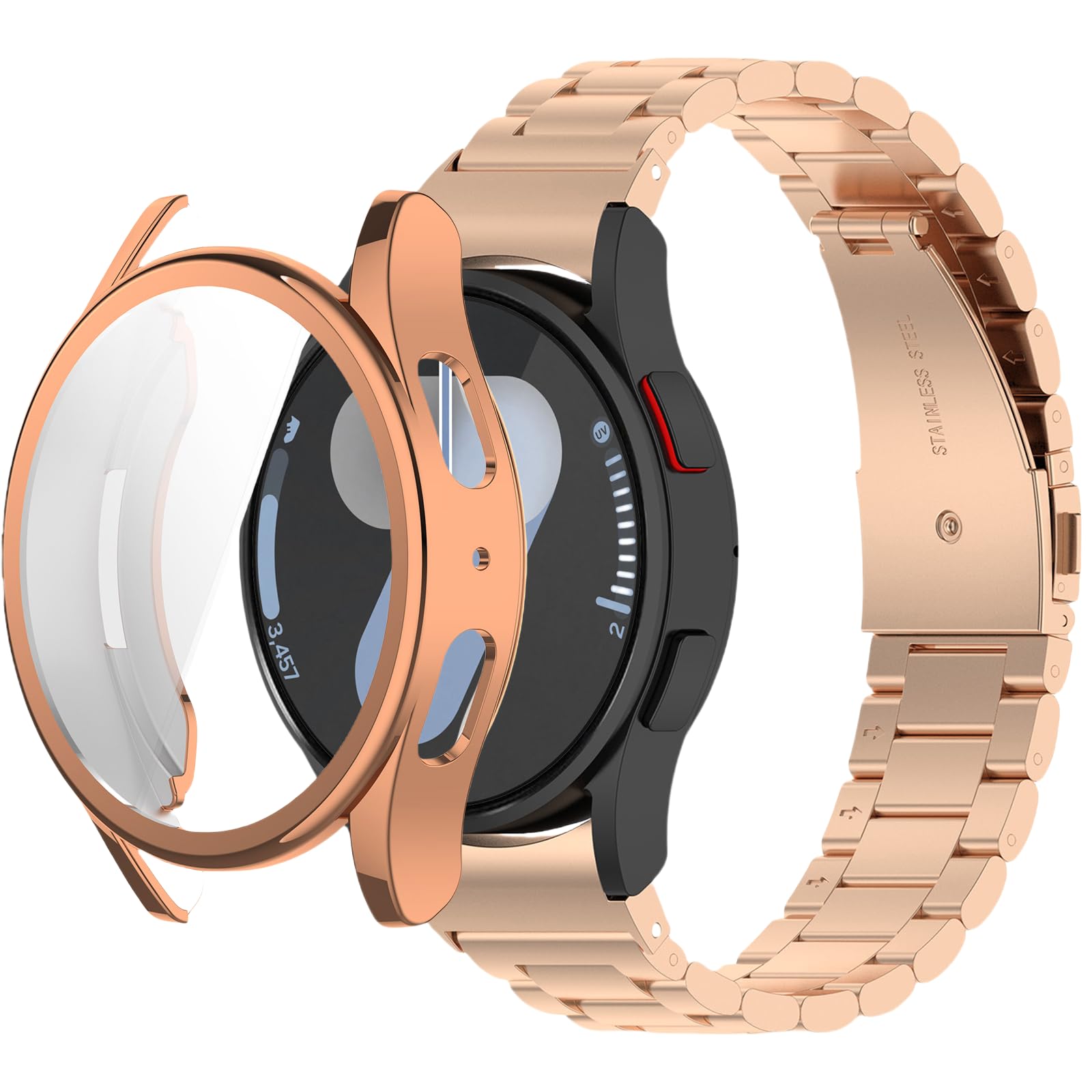 Compatible avec Samsung Galaxy Watch 7 40 mm/44 mm en acier inoxydable avec coque en TPU et coque de protection anti-chocs, design respirant et réglable pour homme et femme