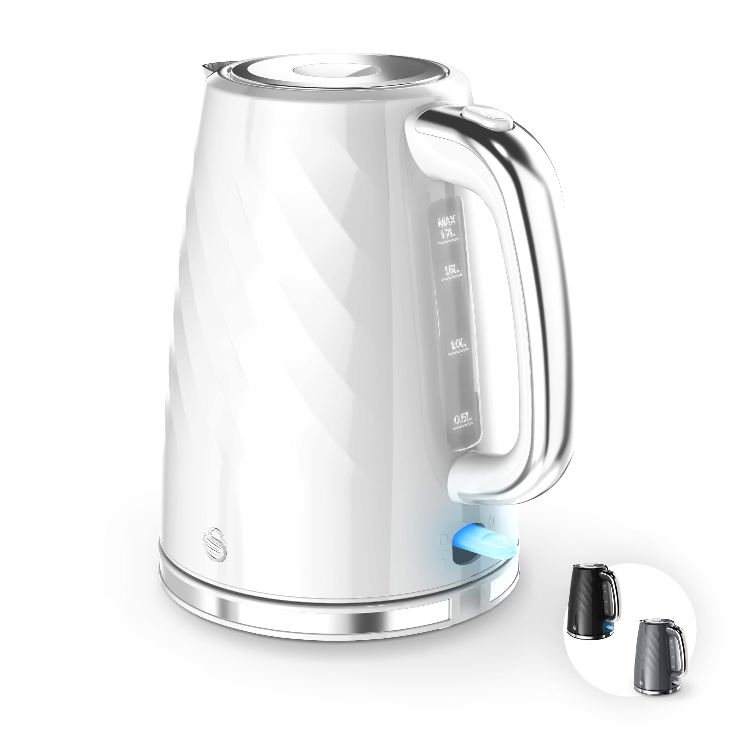 Swan Windsor Rapid Boil Kettle with Removable Limescale Filter, Boil Dry Protection and Hidden Cord Storage, 1.7L, 3KW, White, SK14611WHT