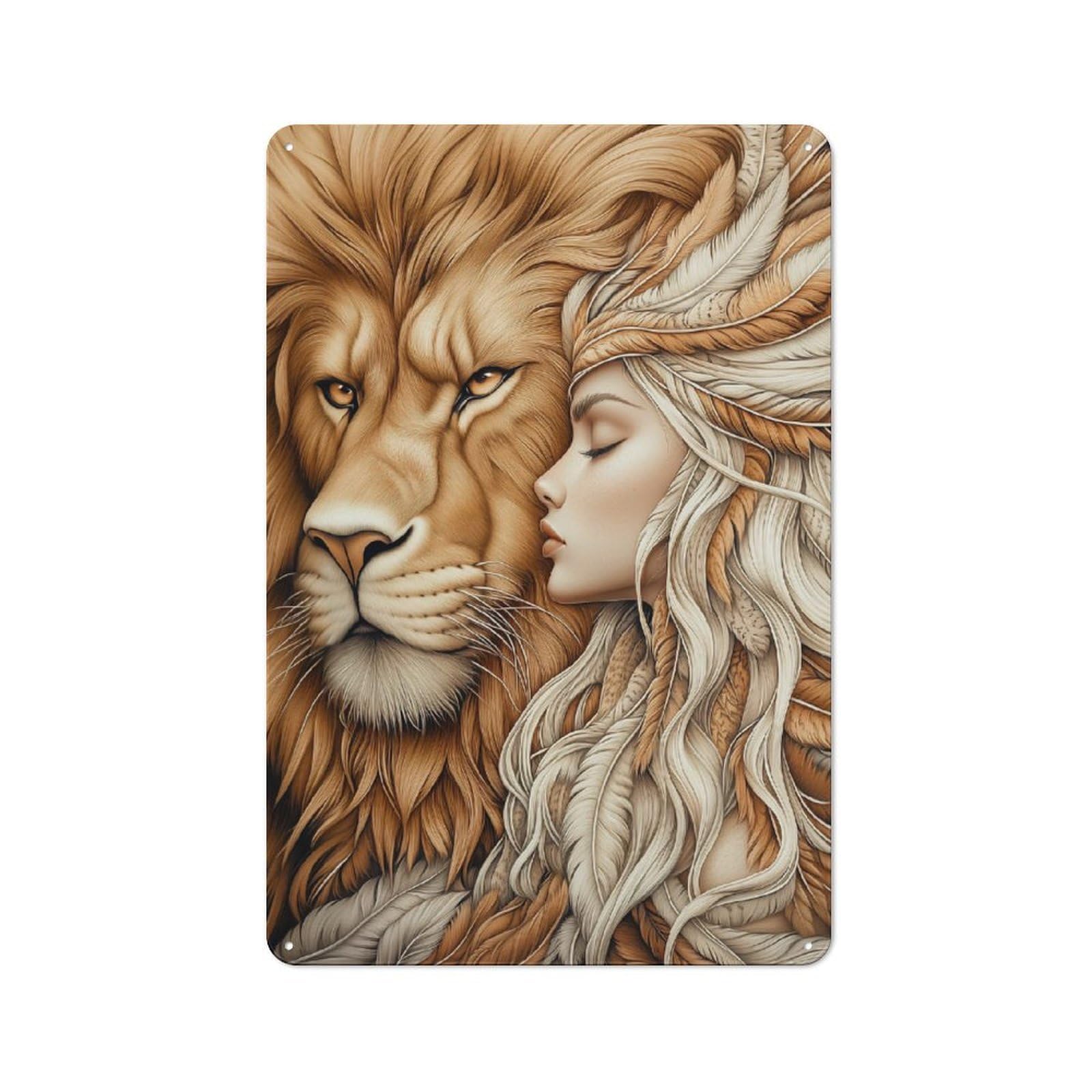 Classic Vintage Metal Sign 30x20cm Featuring Lion And Girl with Feathers, Home Bar Decor for Cafe, Pub, Workshop Or Home Bar