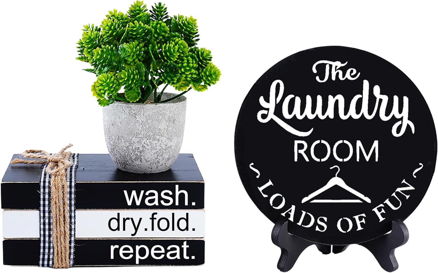 Dazingart Farmhouse Laundry Room Signs, Rustic Laundry Themed Tiered Tray Decor, Mini Wood Wash Dry Fold Repeat Signs, Black and White Wooden Book Stack For Housewarming Gifts (laundry)