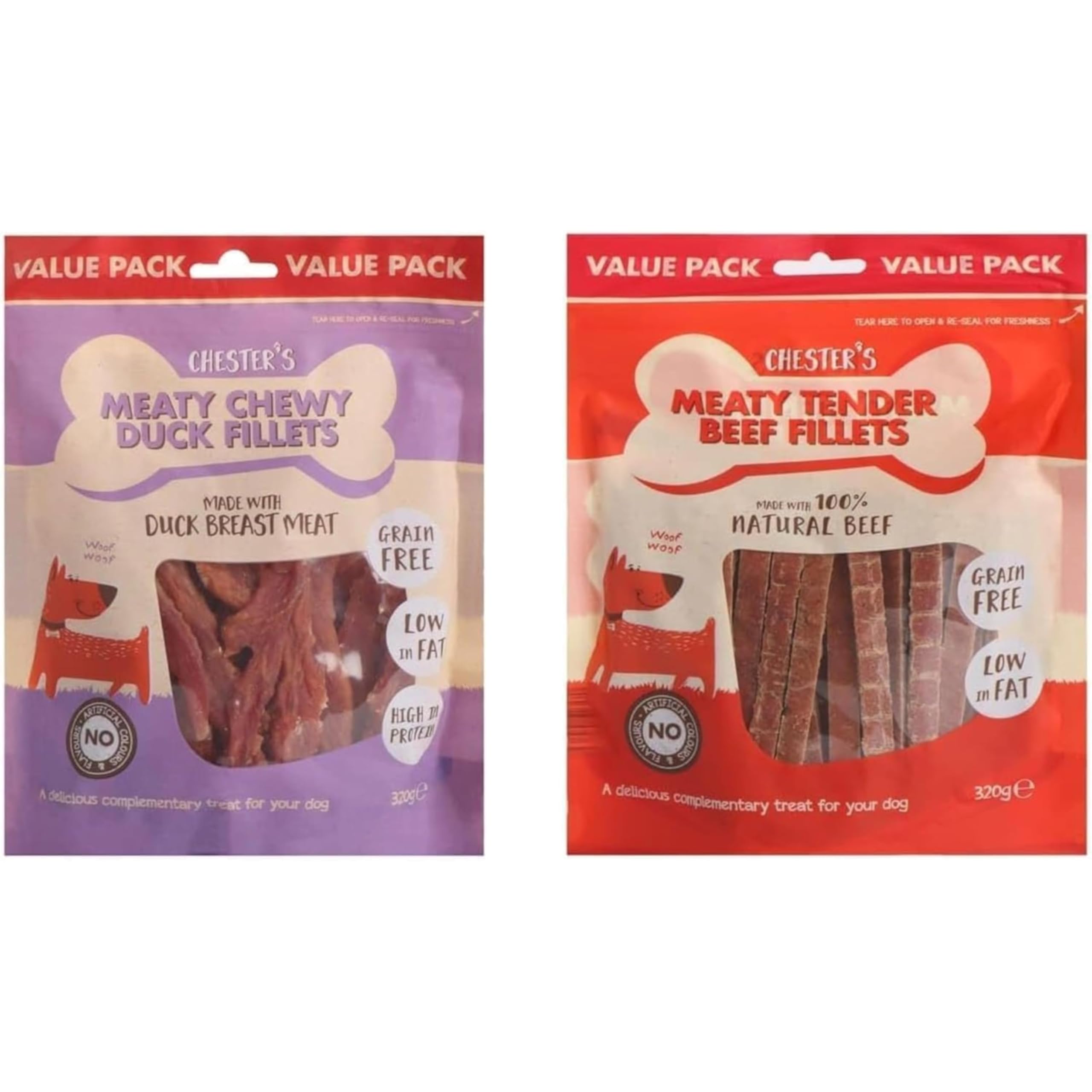 Chester's Meaty Duck Fillets & Beef Fillets for Dogs – High-Protein Chewy & Tender Grain-Free Treats – Low-Fat, Healthy Snack for Dogs – Pack of 2 x 320g Each