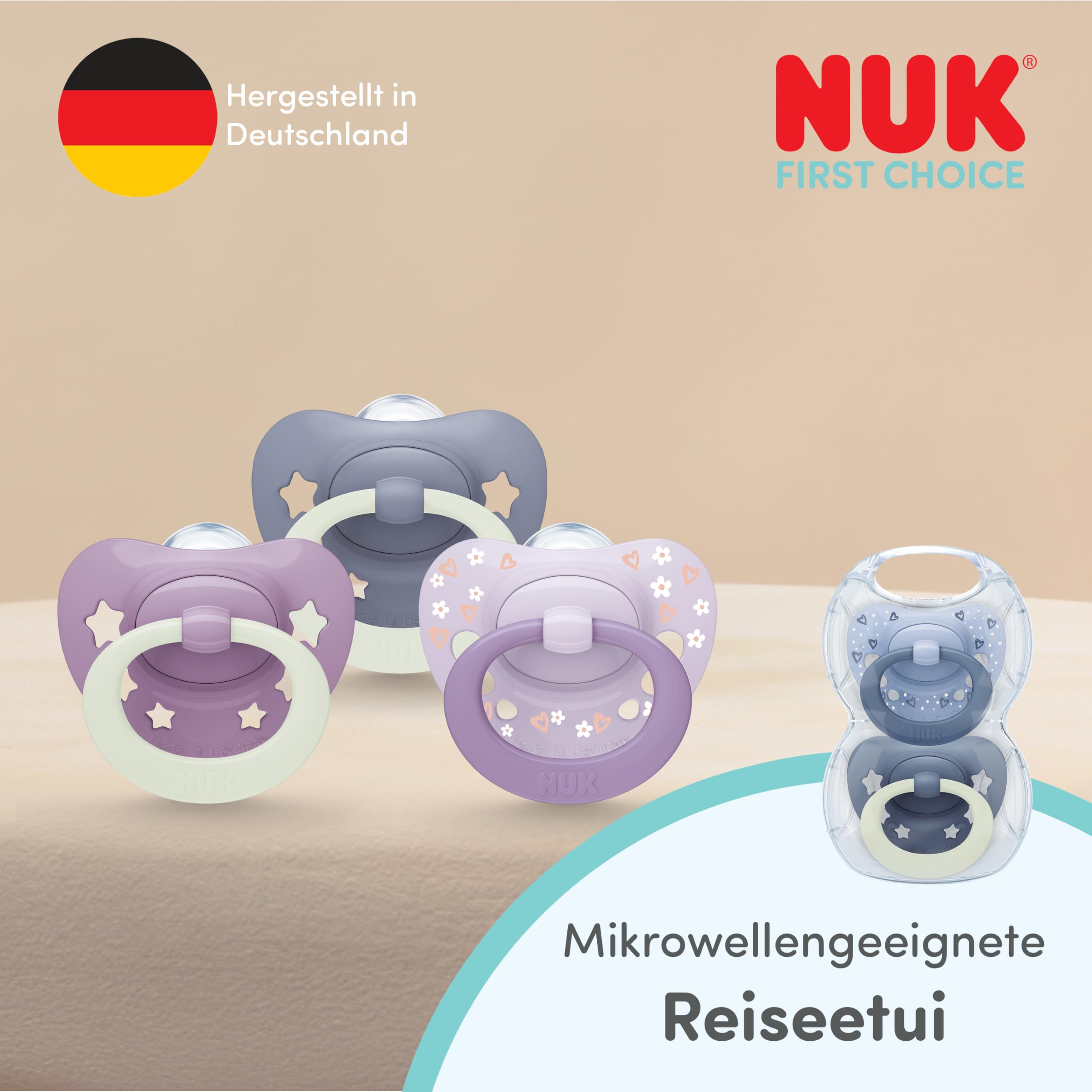 NUK First Choice Classic Night Smoczki dla niemowląt | 6-18 miesięcy | Ortodontyczne smoczki świecące w ciemności | 95% akceptacji przez niemowlęta** | Fioletowy | 2 sztuki