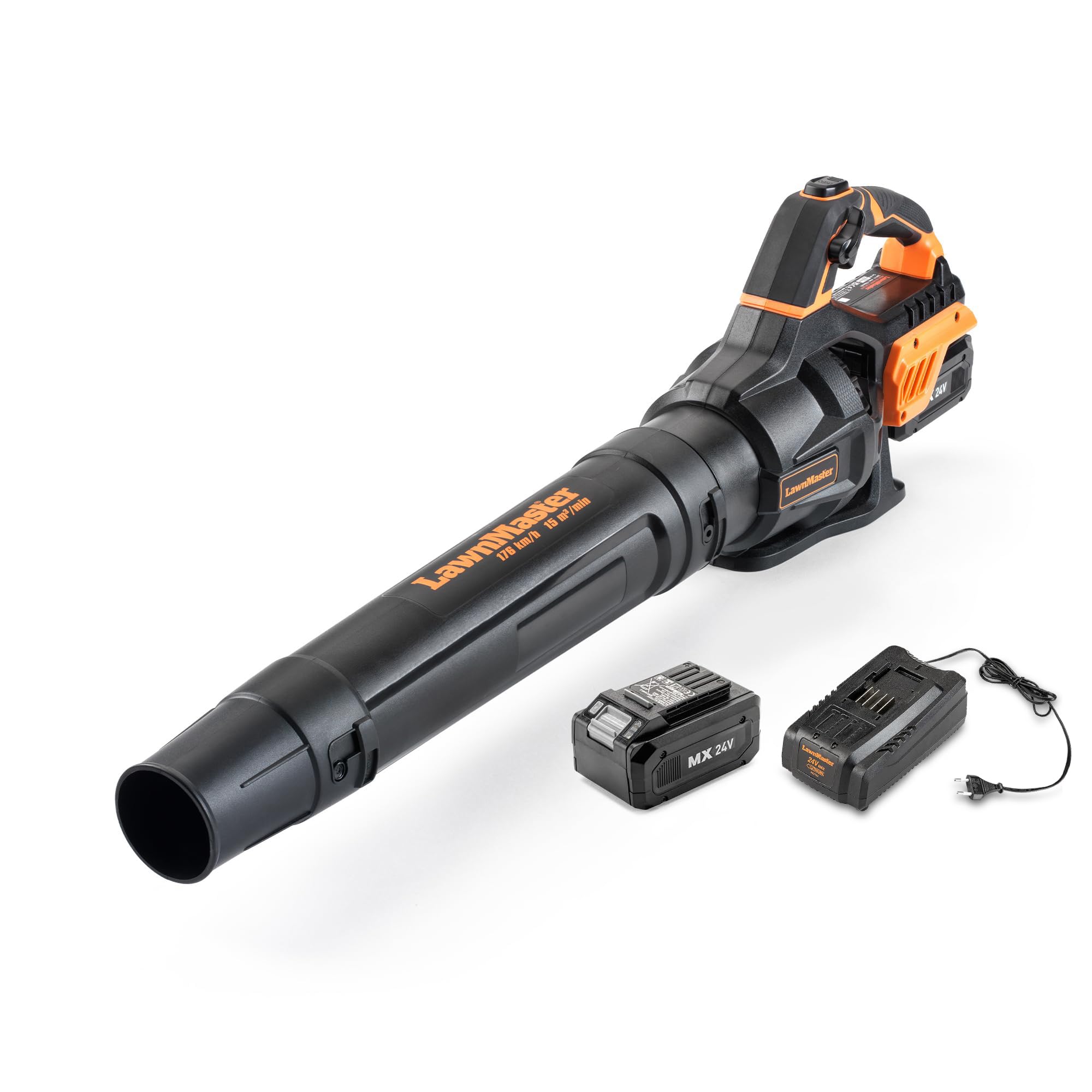 LawnMaster Soplador Hojas a batería 24V MX con Modo Turbo | Inalámbrico, batería 4Ah con cargador, flujo de aire potente, control crucero y tubo soplador desmontable, garantía 2 años