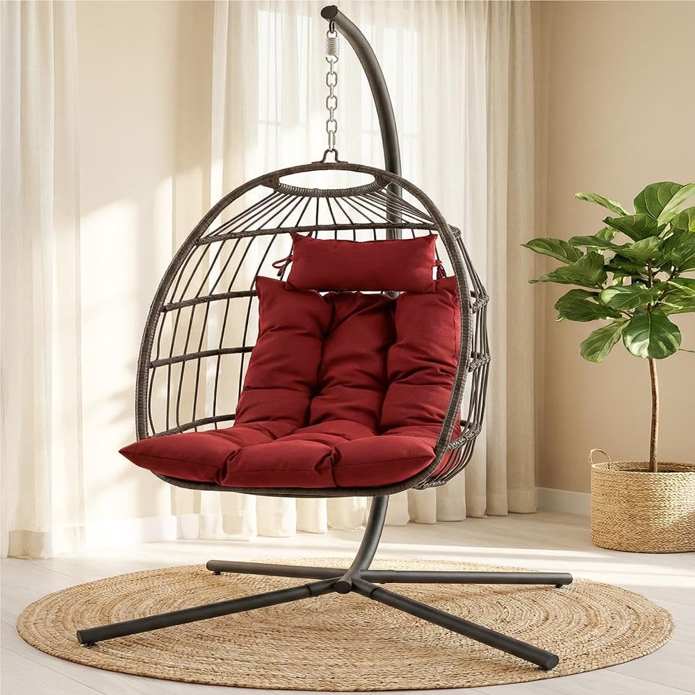 SereneLife Sedia a uovo sospesa con supporto, sedia a dondolo in vimini e rattan, struttura in acciaio verniciato a polvere, cuscino imbottito e poggiatesta, ideale per camera da letto, patio, cortile