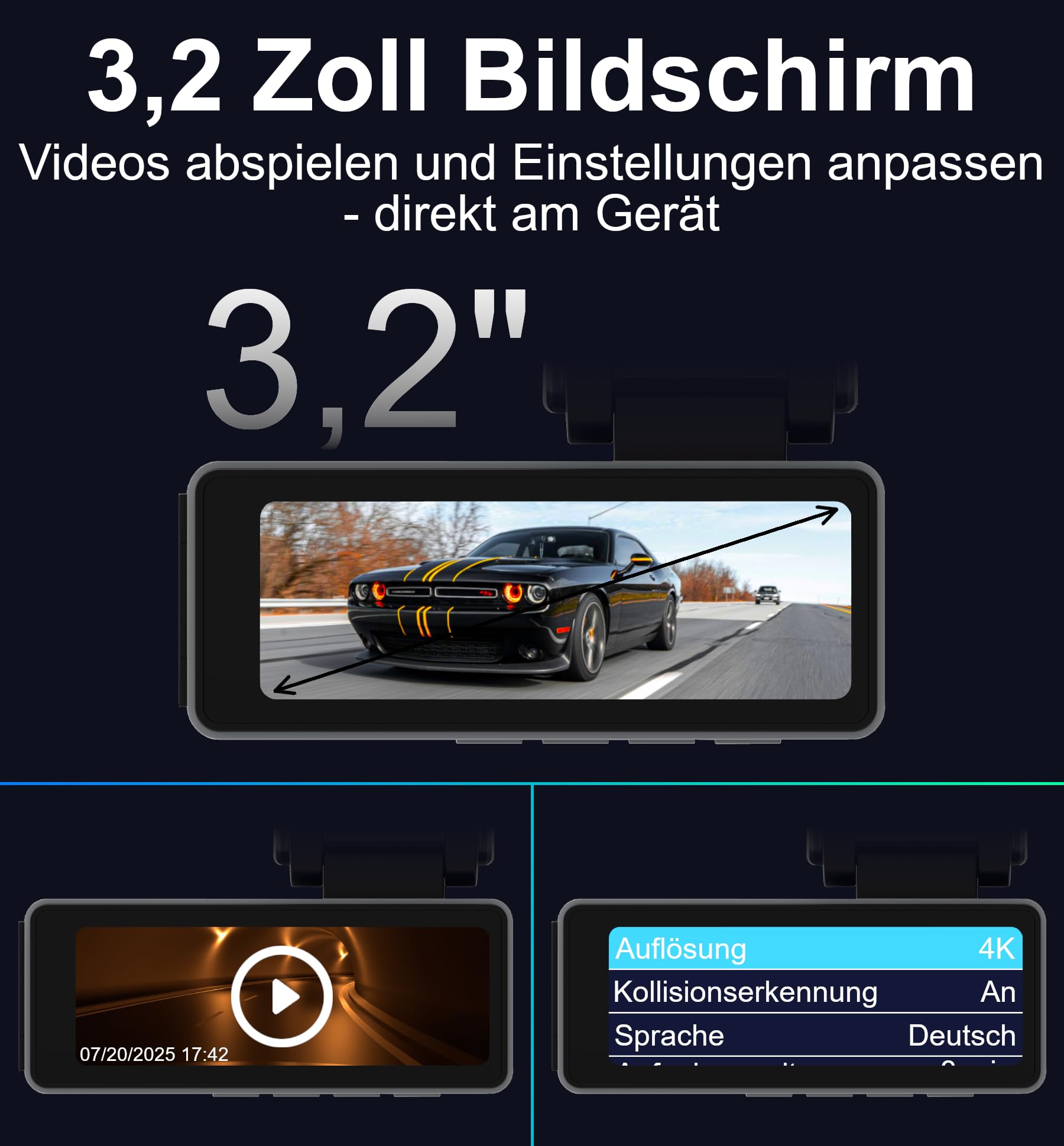Dashcam Vorne+Hinten 4K/2K inkl. 64GB SD-Karte, 3,2" IPS Bildschirm, Night Vision, Parkraumüberwachung, Loop-Aufnahme, G-Sensor, WDR, GPS, WiFi, App