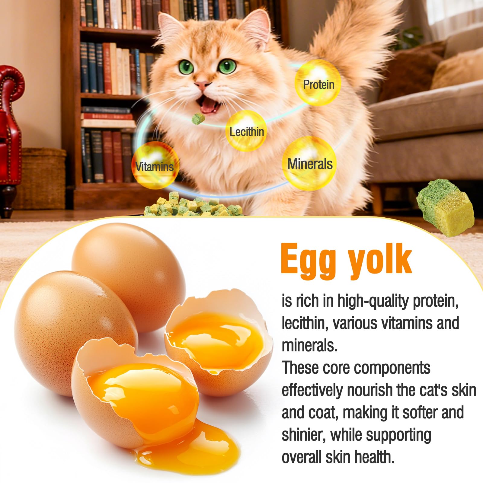 Gefriergetrocknete Katzengras Snack mit Katzengras & Eigelb, Katzenleckerlis Zahnpflege Leckerli zur Reduzierung von Haarballen und für Gesundes Fell, Cat Grass Stick (60g, Eigelb)