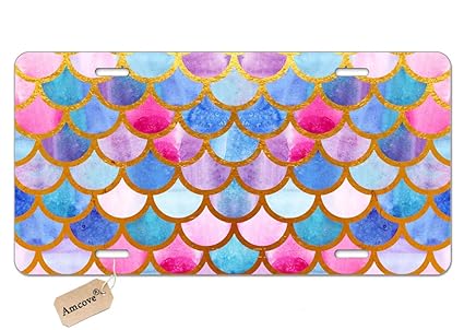Amcove Mermaid Scales License Plate Custom,Watercolor Fish Scales Personalized Design Vanity Front License Plate Tag,6 X 12 Inch